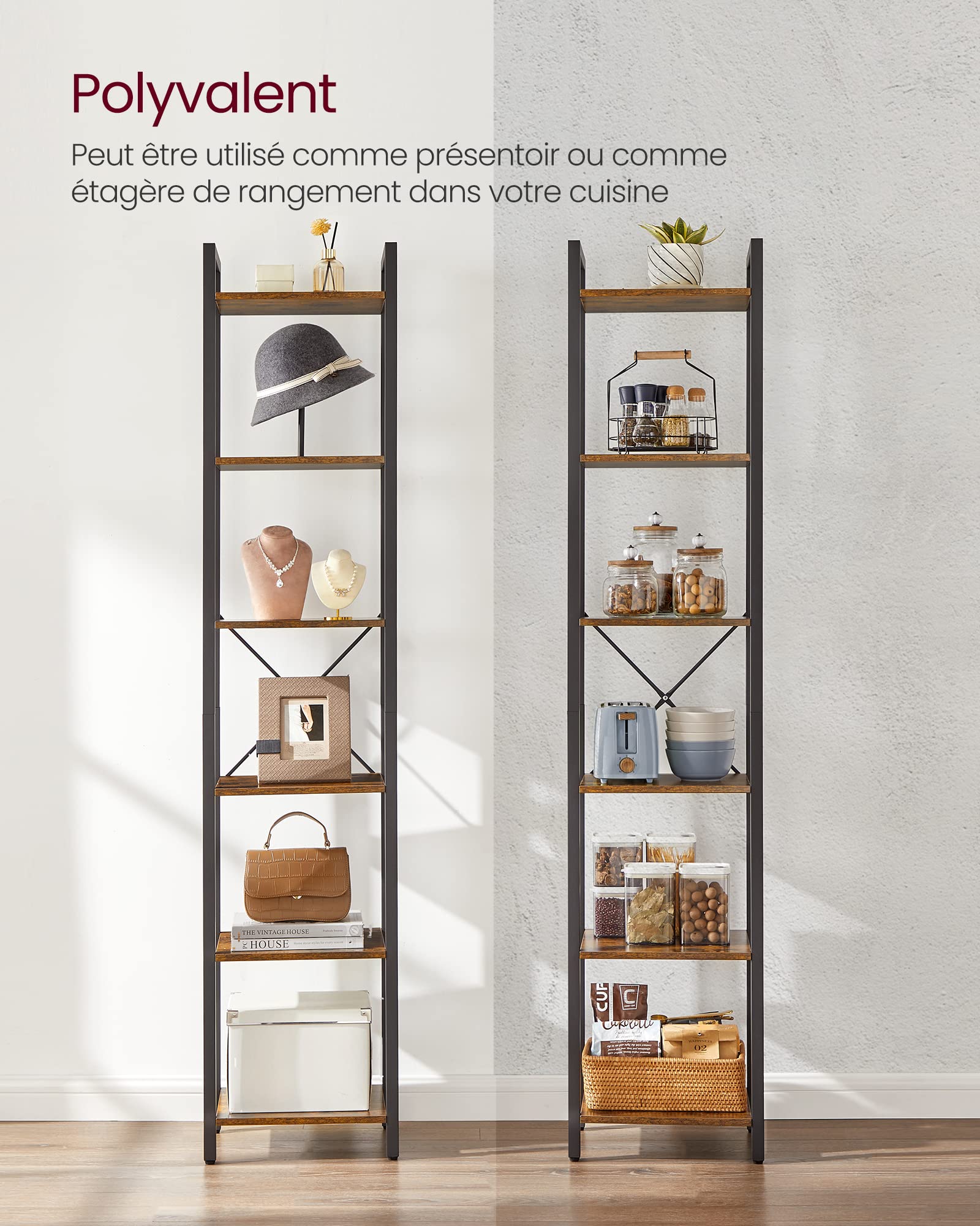 VASAGLE Étagère 6 Niveaux, Bibliothèque, Meuble de Rangement, pour Bureau, Salon, Chambre, 30 x 40 x 187,5 cm, Style Industriel, Marron Rustique et Noir d'encre LLS101B01