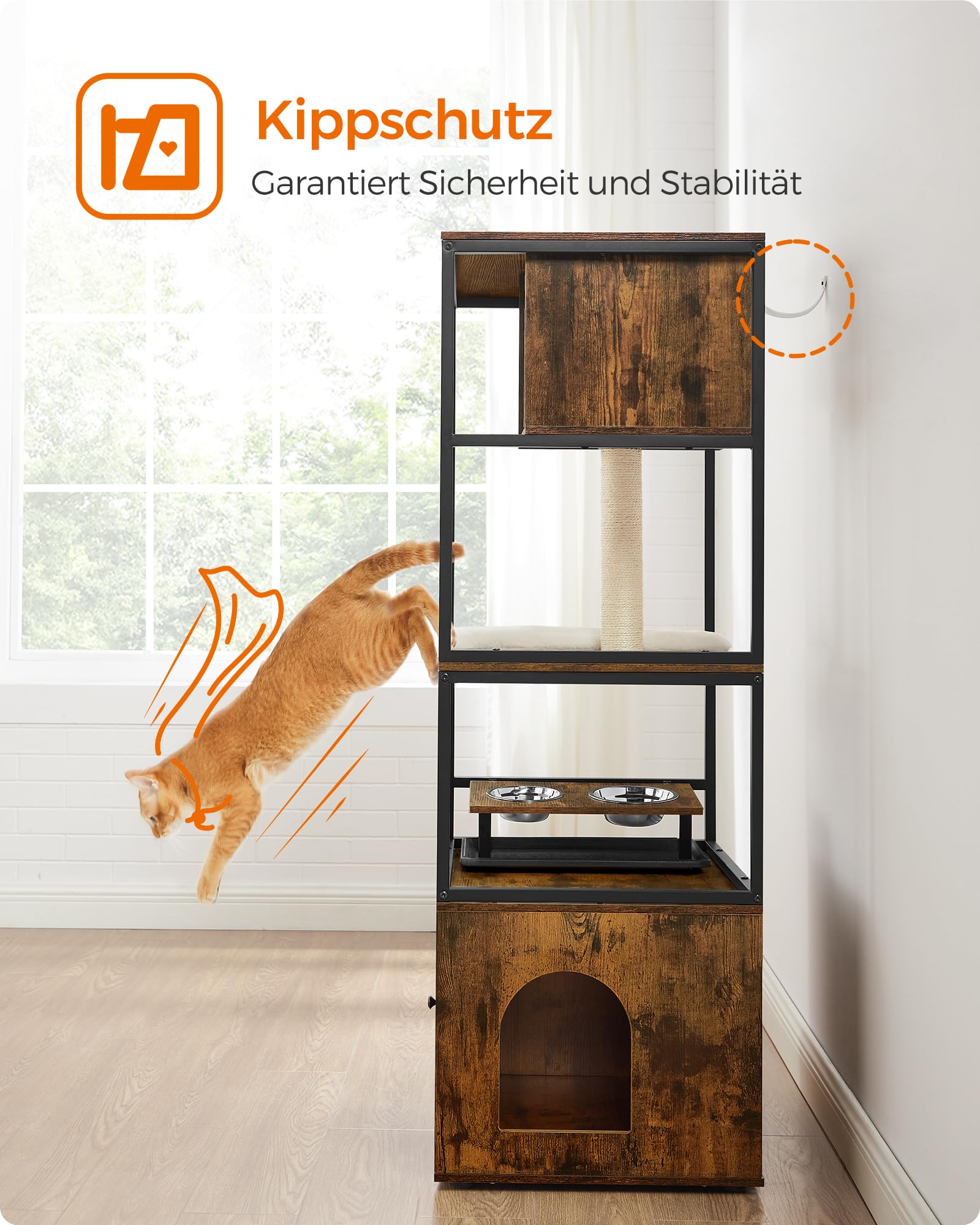 Feandrea Kratzbaum, Katzenbaum, Katzenhaus mit Katzenklo-Schrank, erhöhter Napfständer, Sisalstamm, waschbare Kissen, vintagebraun PCT312X01