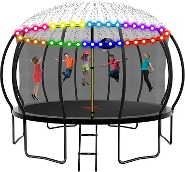 1500 LBS 8FT 12FT 14FT 16FT Trampoline for Kids and Adults, Outdoor Trampoline with Enclosure Net, Sprinkler, Water Ball, Large Trampoline with Lights with Music Speaker, Socks - ASTM Approved