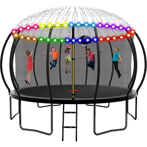 Goujxcy 1500 LBS 8FT 12FT 14FT 16FT Trampoline for Kids and Adults, Outdoor Trampoline with Enclosure Net, Sprinkler, Water Ball, Large Trampoline with Lights with Music Speaker, Socks - ASTM Approved