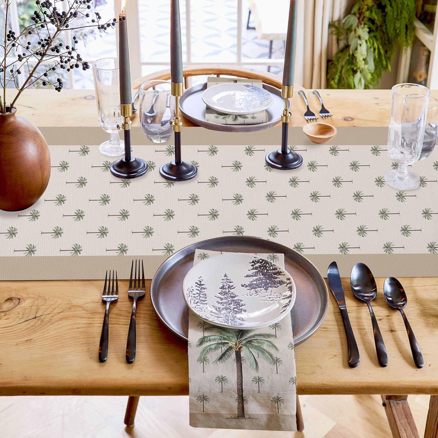 T&H XHome Burlap Table Runner 70 Inch Long, Patterned Linen Table Runners Home Decor Tropical Palm Tree Table Cover for Dining Table, Coffee Bar, Indoor/Outdoor, Everyday Use Table Setting