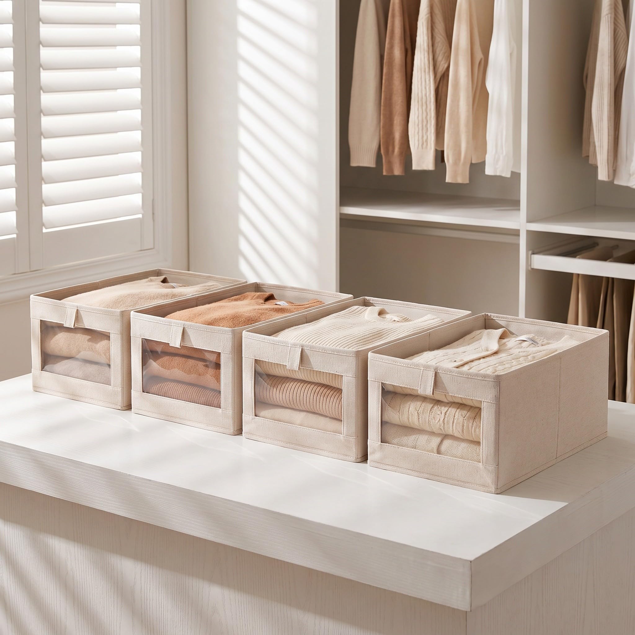 OUNONA 4 cestas de almacenamiento plegables - Cestas de tela plegables con ventana transparente para organizar la despensa, estantes, cajas de juguetes, compartimentos y armarios. Medidas: 40 x 27 x