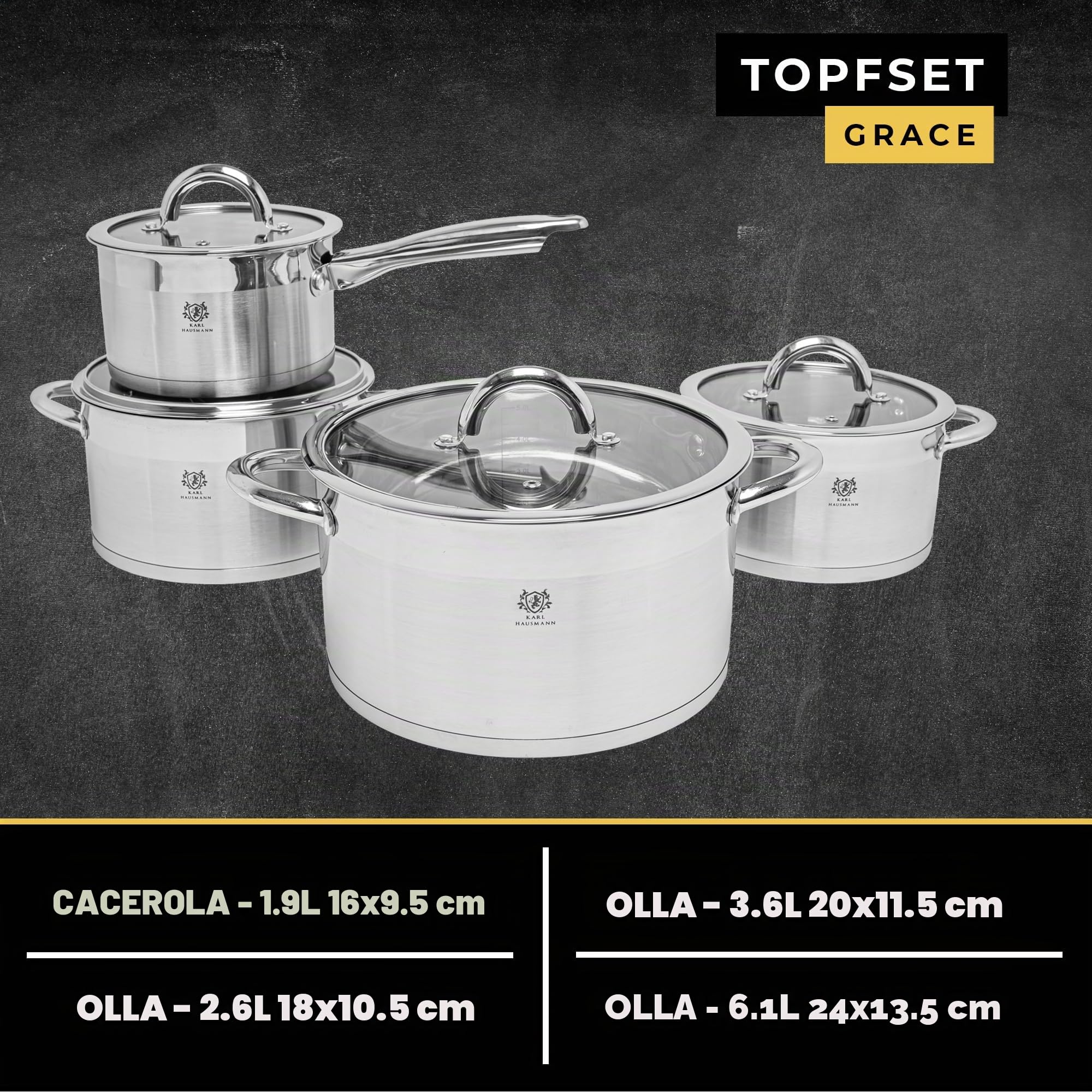 KARL HAUSMANN Juego de Ollas Acero Inoxidable - 4 Piezas - Bateria de Cocina de Acero Inoxidable con Tapas de Vidrio - Apta para induccion, Gas y Vitrocerámica - Set Ollas