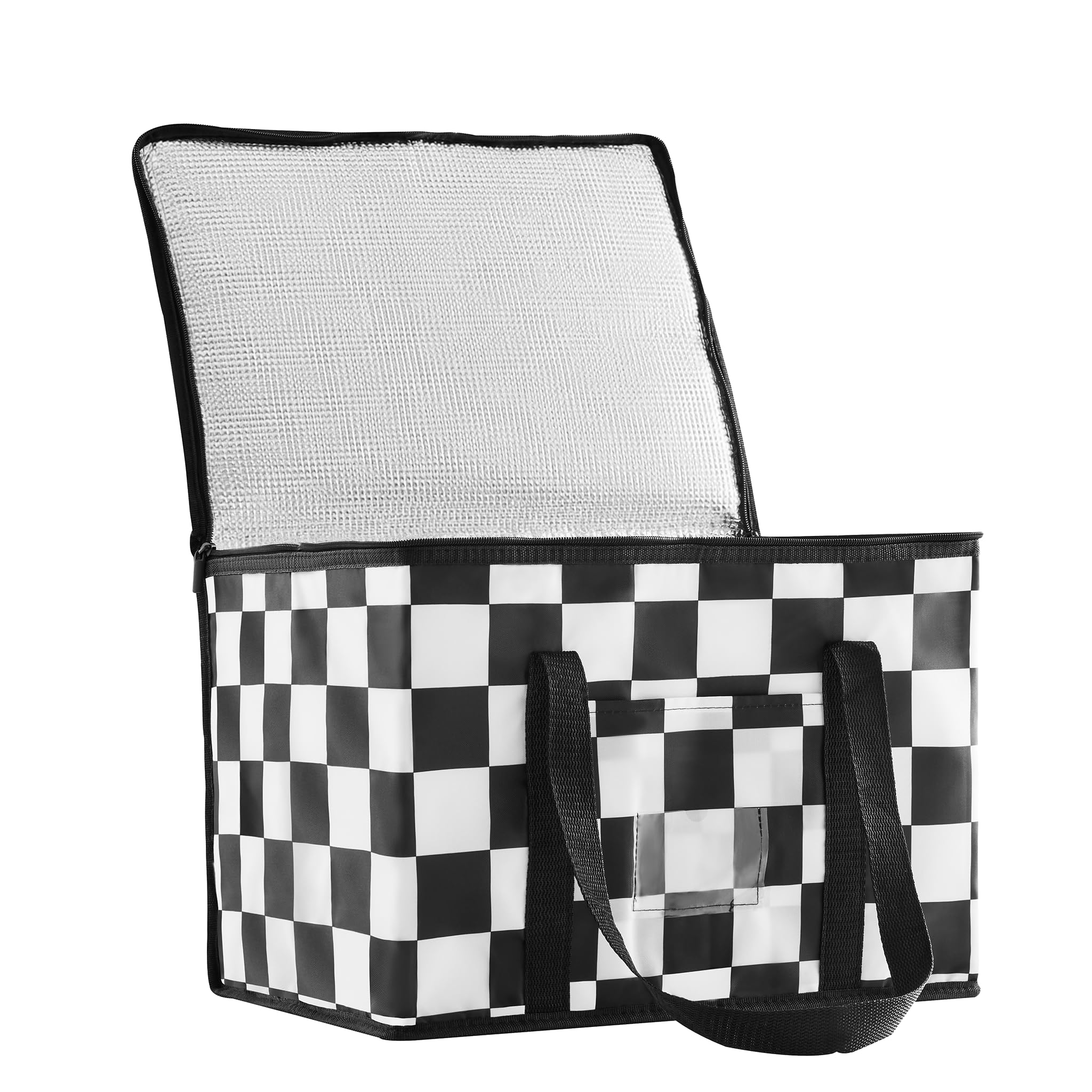Ohocut Checkered Cooler Bag, Large 40L Foldable Insulated Grocery Shopping Bag, Checkerboard Cool Insulated Food Delivery Bag for Picnic, Camping, Travel (Black White)