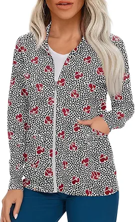 Scrub Jackets for Woman Zip Up Long Sleeve Tops Print Plus Size Womens Scrubs for Women Nursing Shirts with Pockets