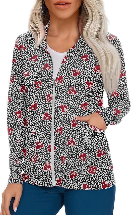 Scrub Jackets for Woman Zip Up Long Sleeve Tops Print Plus Size Womens Scrubs for Women Nursing Shirts with Pockets