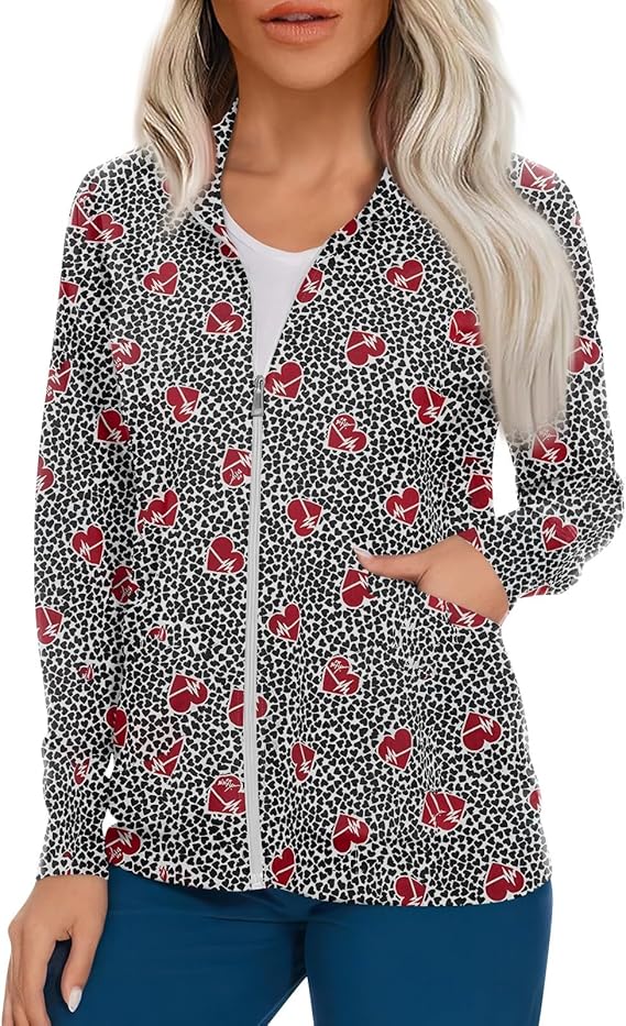 Scrub Jackets for Woman Zip Up Long Sleeve Tops Print Plus Size Womens Scrubs for Women Nursing Shirts with Pockets
