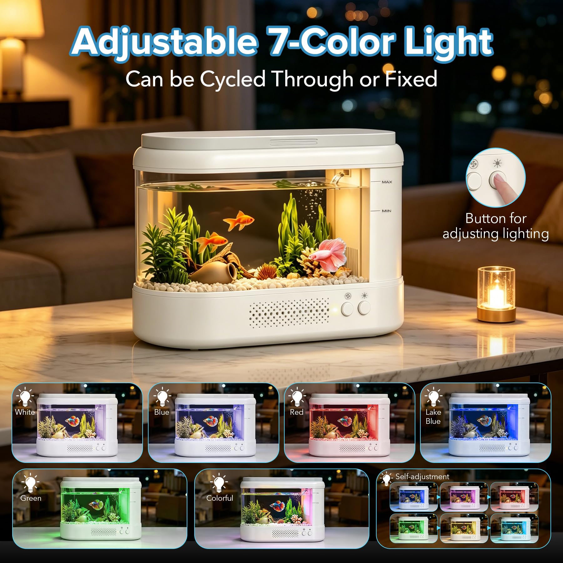 3,7L Acuario Pequeño Kit de Inicio,Blanco Aquario Acrílico con Sistema de Filtrado e Iluminación LED, Pecera Pequeña de Mesa para Peces Betta, Plantas y Gambas