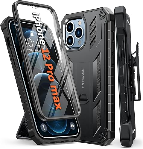 FNTCASE Funda para iPhone 12-Pro-Max con protector de pantalla integrado, soporte y funda con clip para cinturón, funda protectora militar