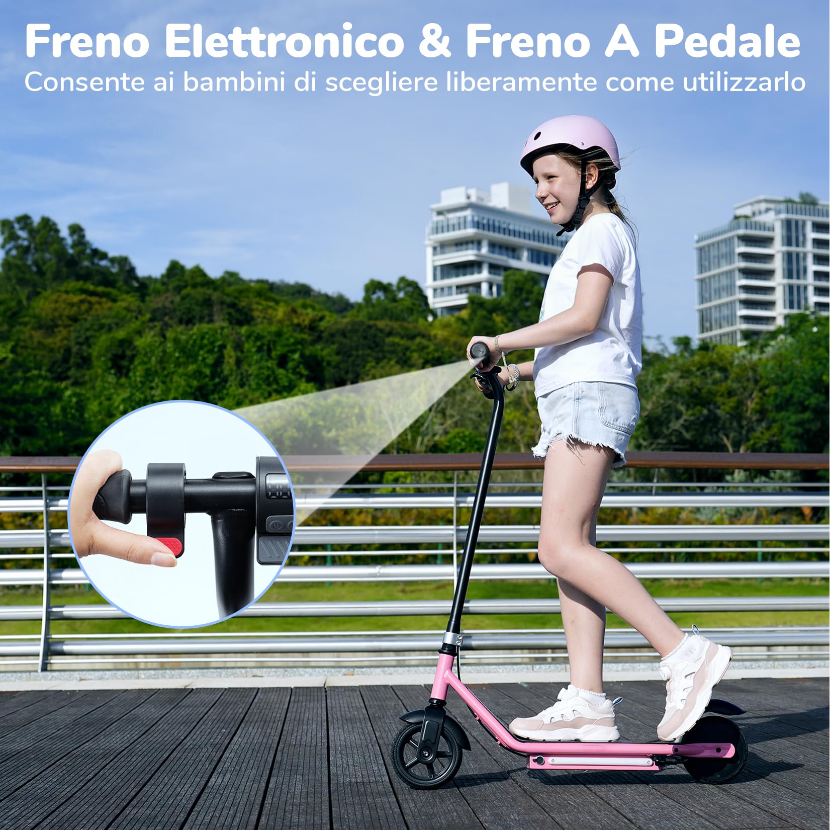 iScooter IK3/IK3MAX Monopattino Elettrico Bambini 6–15 Anni,9-13km Autonomia Ruote da 6", Freno Elettronico a Pollice, Freno a Pedale, Luci LED Colorate, Display LED, Velocità 5/10/16 km/h, Nero/Rosa
