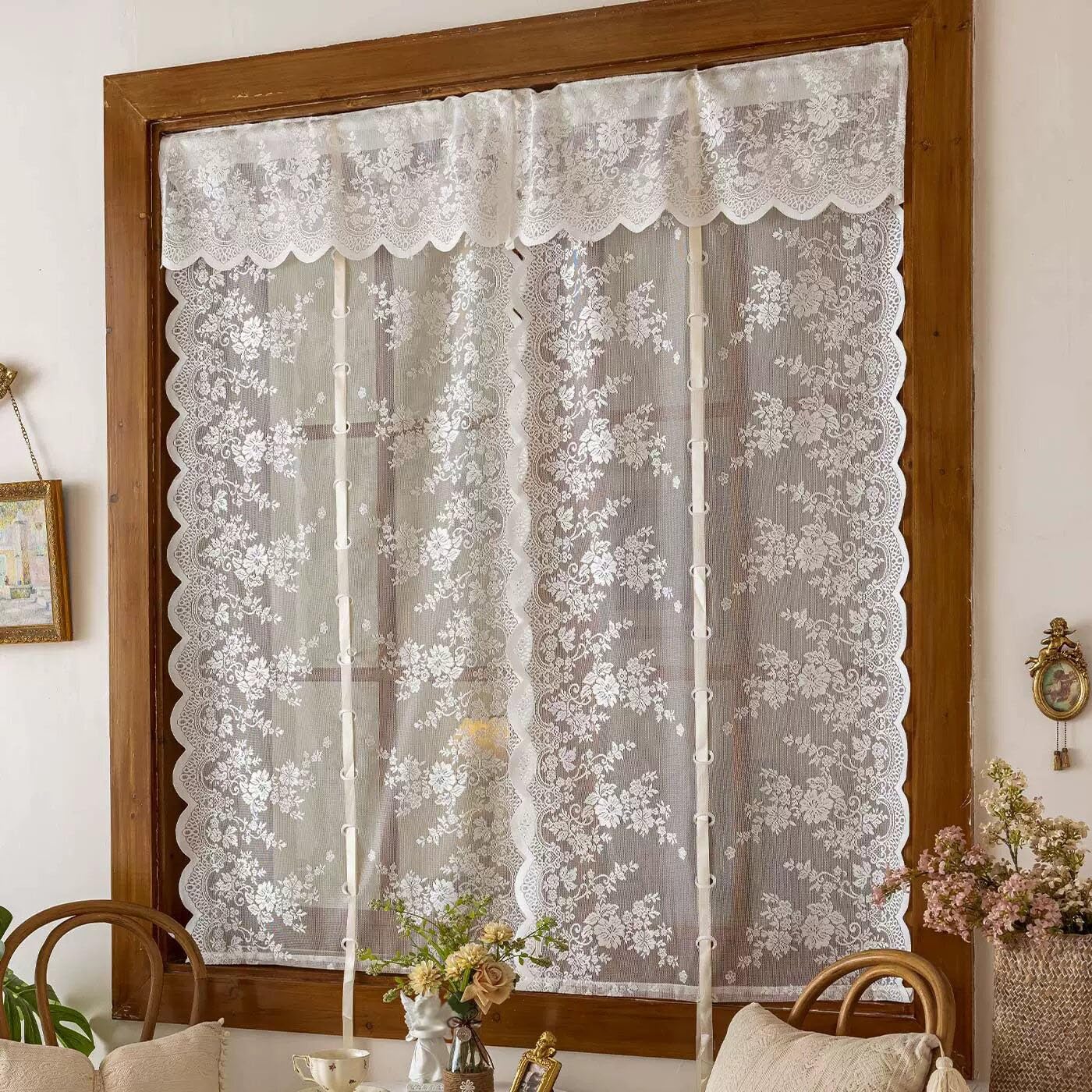2 Pièces Français Rideaux de Ballon À Nouer, Rideaux Élégants Brodés À Fleurs Filtrant la Lumière AVCE Bords Festonnés et Passe-Tringle pour Cuisine(WxH70x240cm/27x94inch)