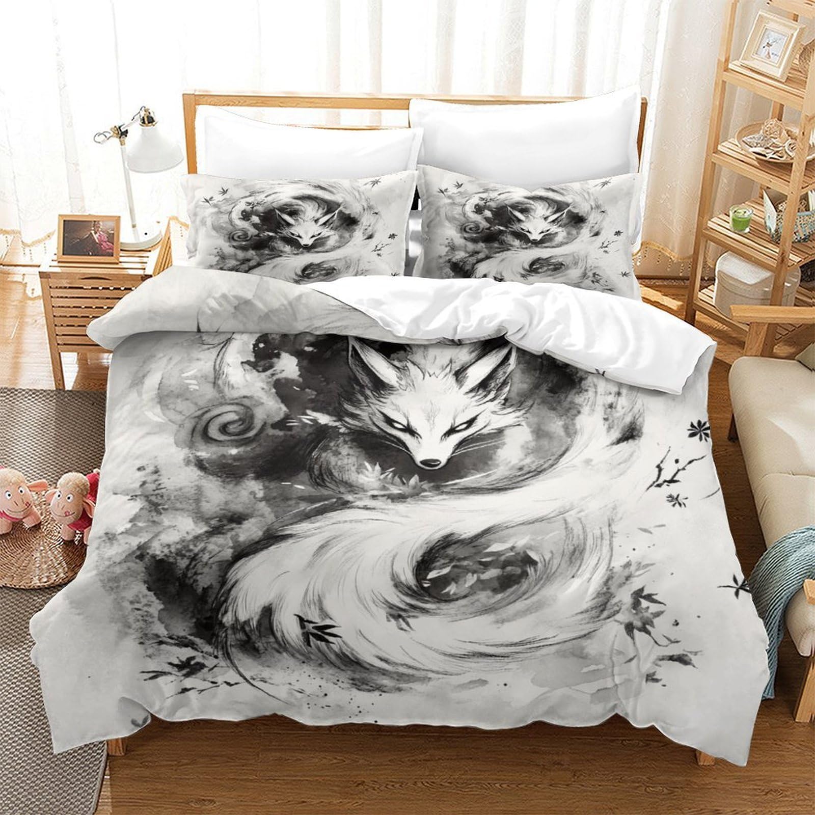 SkyClouf Fox Three-dimensional Printing Bedding Bedding Ensemble Fox Duvet Cover Ultra-fine Fiber Zipper Closure with Pillowcases Gentle And Washable Super King（260x220cm）