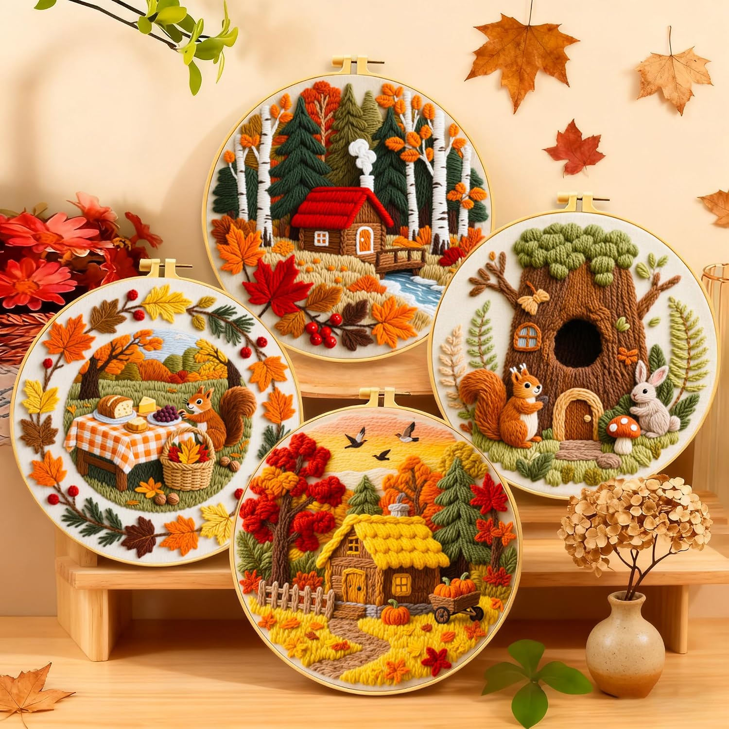 Zhenqing 4-Piece Autumn Theme Embroidery Kit for Beginners - Complete Set with Pre-Printed 29x29cm Cotton Fabric, Hoop, Threads & Tools(C0167)