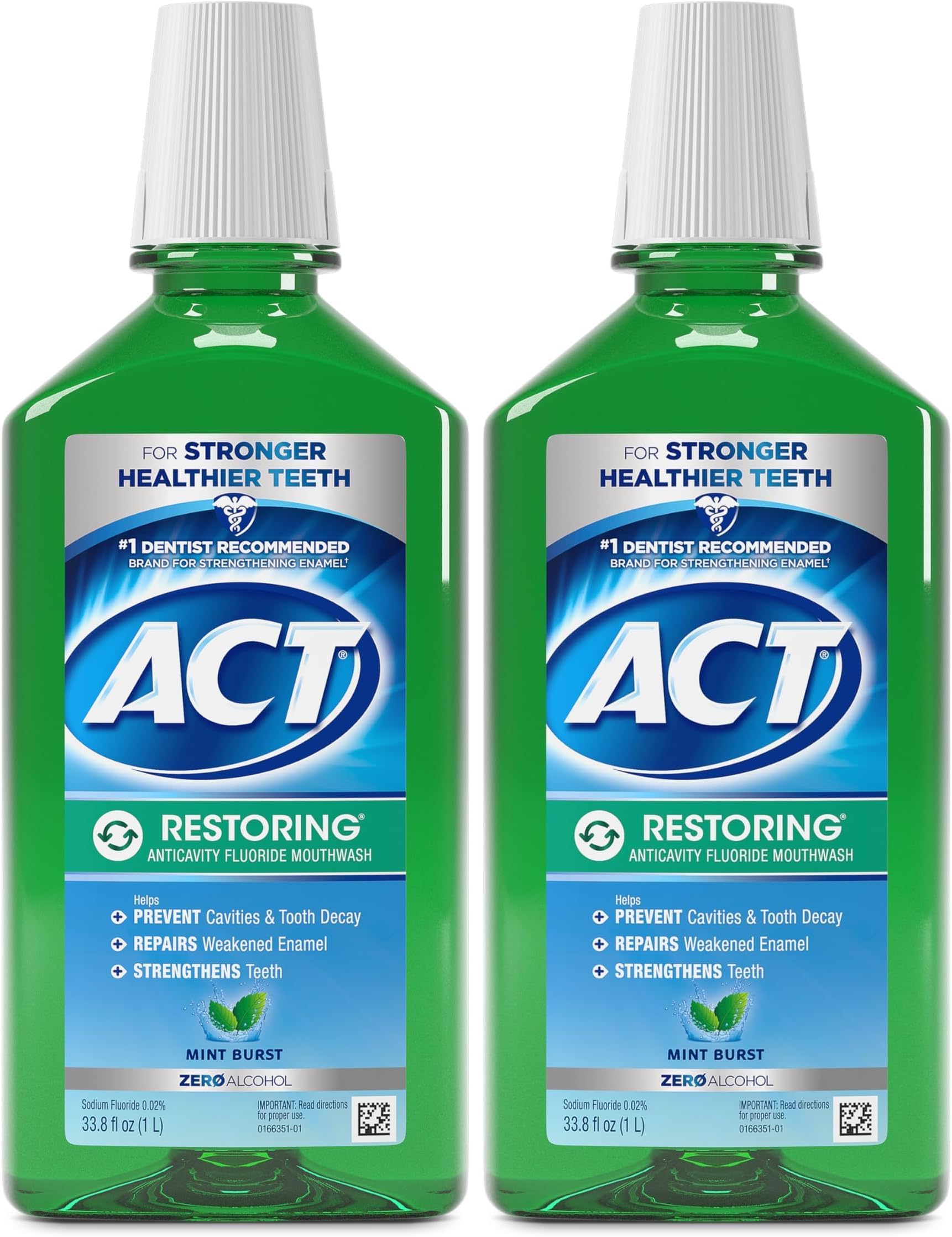 Restoring Zero Alcohol Fluoride Mouthwash 33.8 fl. oz. Strengthens Tooth Enamel, Mint Burst (Pack of 2)