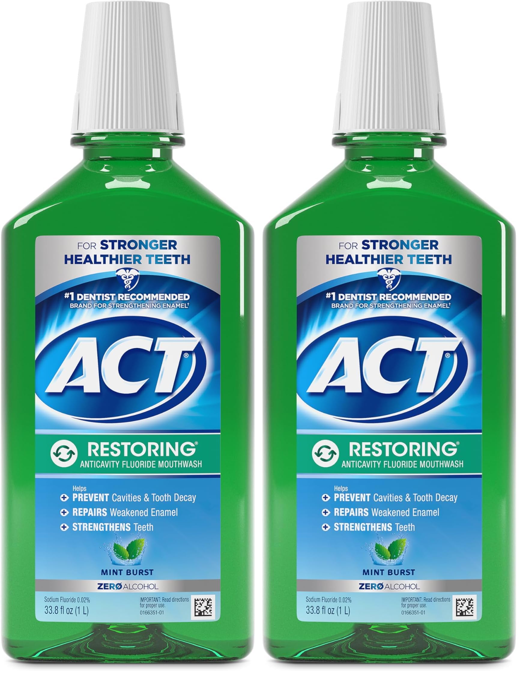 Restoring Zero Alcohol Fluoride Mouthwash 33.8 fl. oz. Strengthens Tooth Enamel, Mint Burst (Pack of 2)