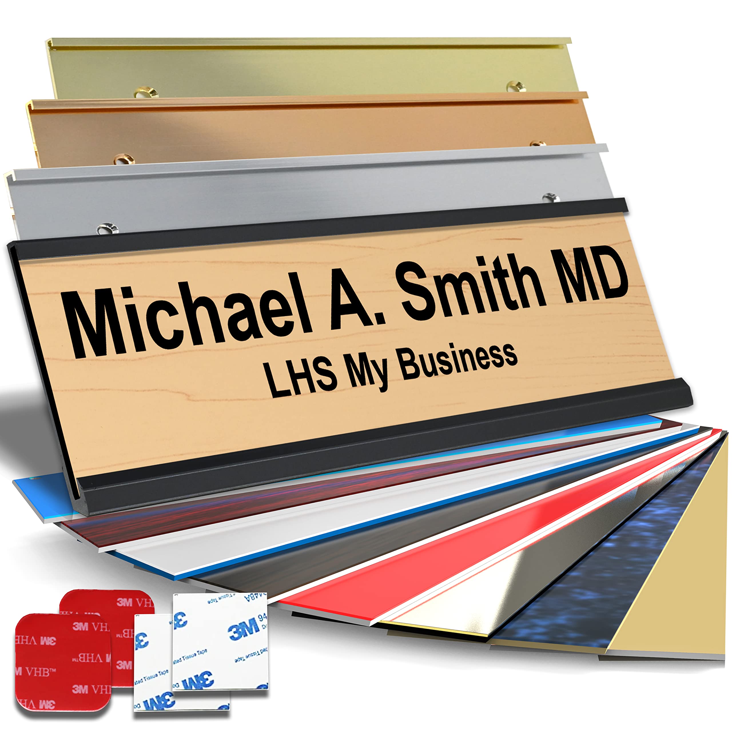 Custom Name Plate with Choice of Mounting for Walls, Doors, Cubicles, Hanging and More - Personalized Cashew Plastic Black Letters - USA Made 2x12 -