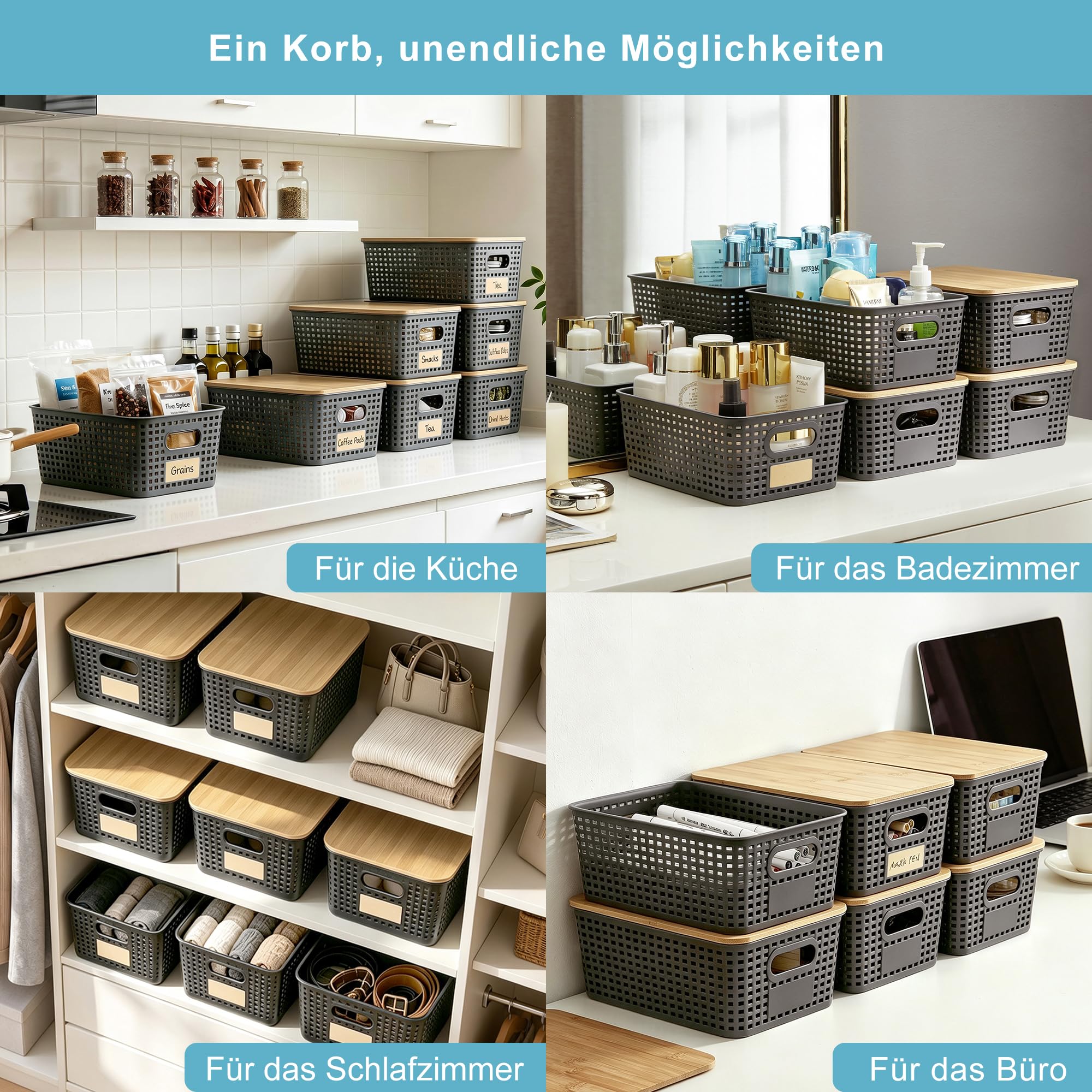 Bagnizer Contenitori portaoggetti in plastica con coperchi in bambù, impilabili, contenitori decorativi per dispensa, graziosi con etichetta per organizzare scrivania, armadio, ufficio, grigio, da 6