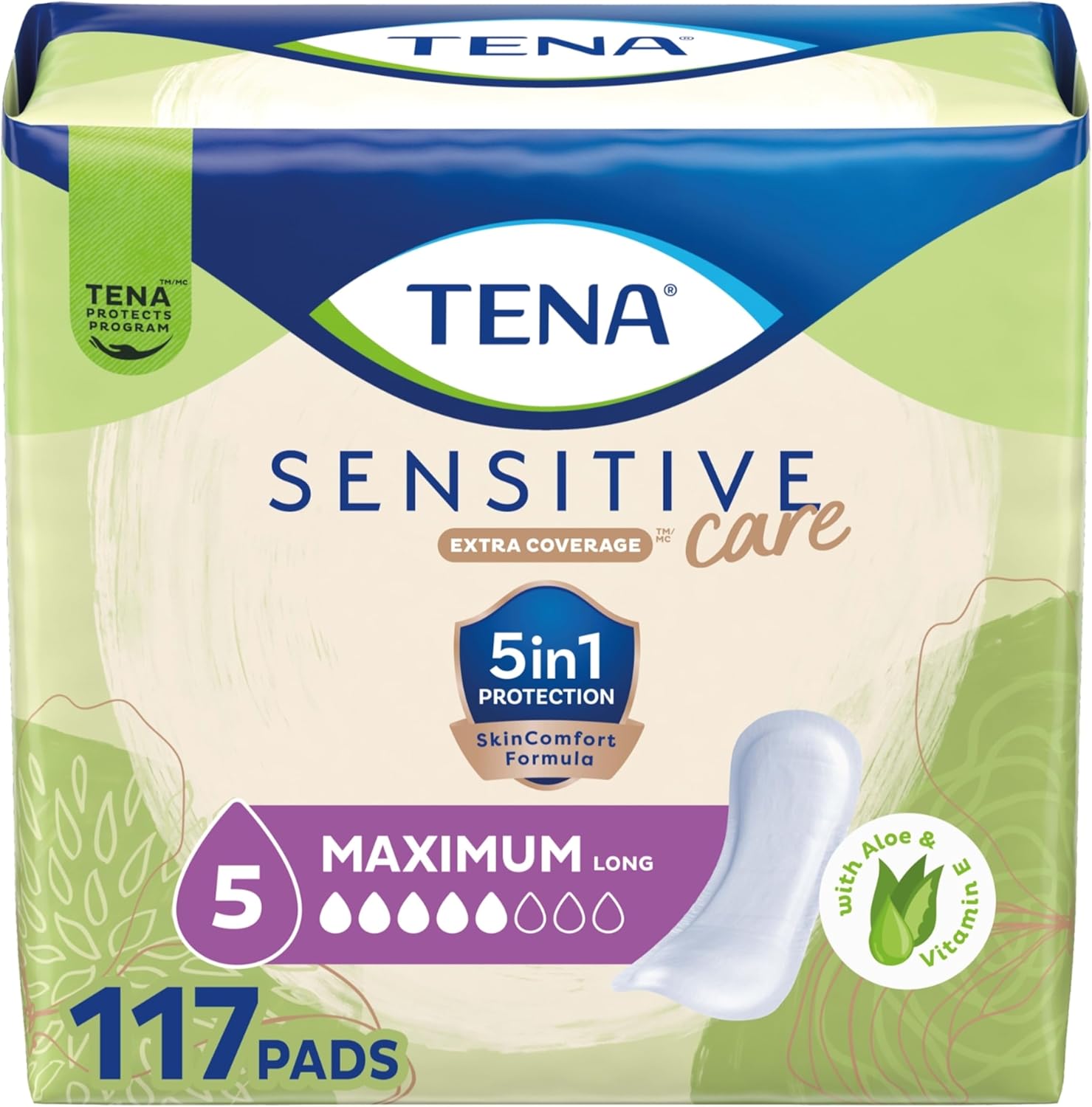 TENA Sensitive Care Incontinence Pads for Women, Bladder Control & Postpartum, Maximum Absorbency, Long – 117 Count