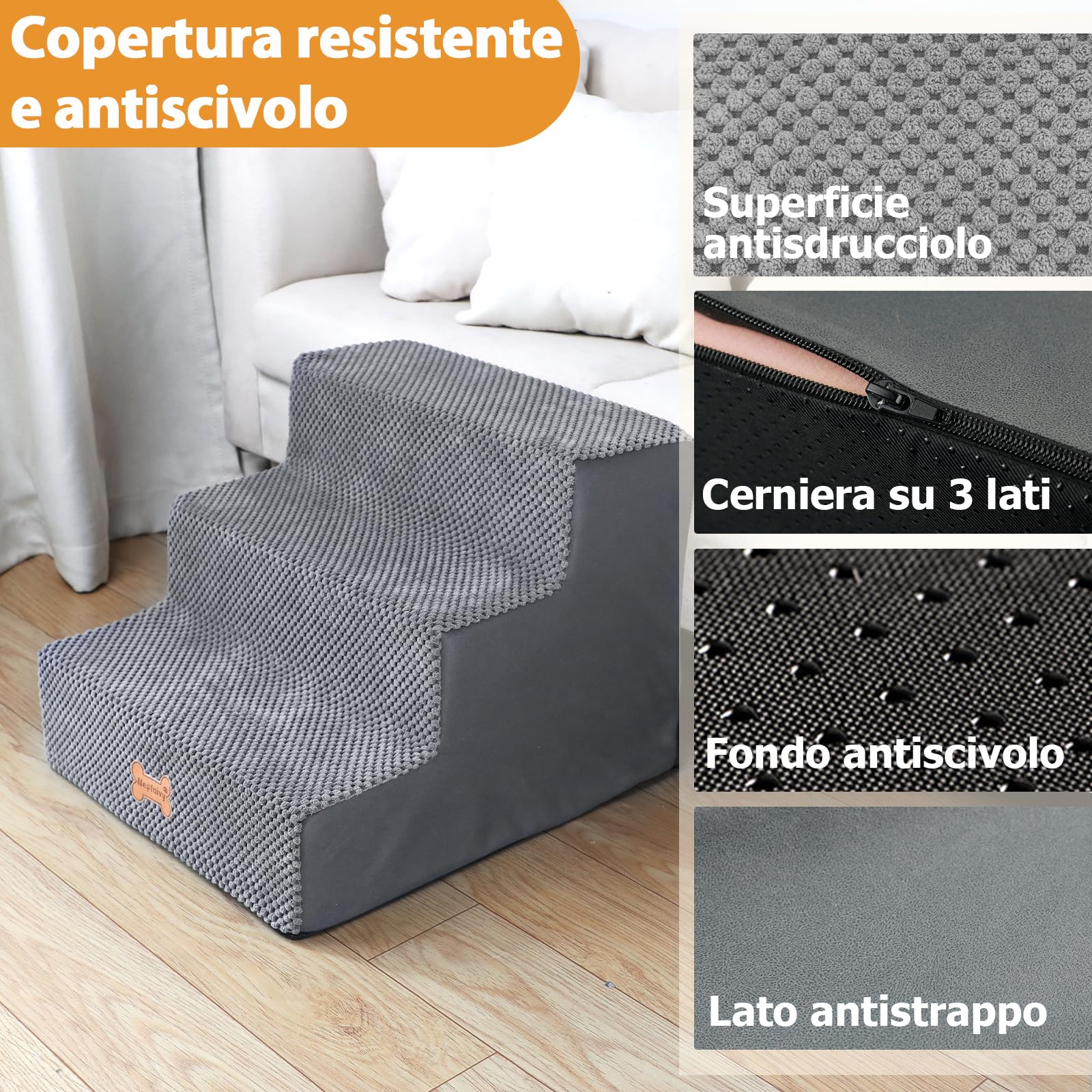 Nepfaivy Scaletta per Cani - Scala per Cani e Gatti per Salire sul Letto, Gradini con Copertura Rimovibile e Lavabile, Marrone, 45x40x34cm