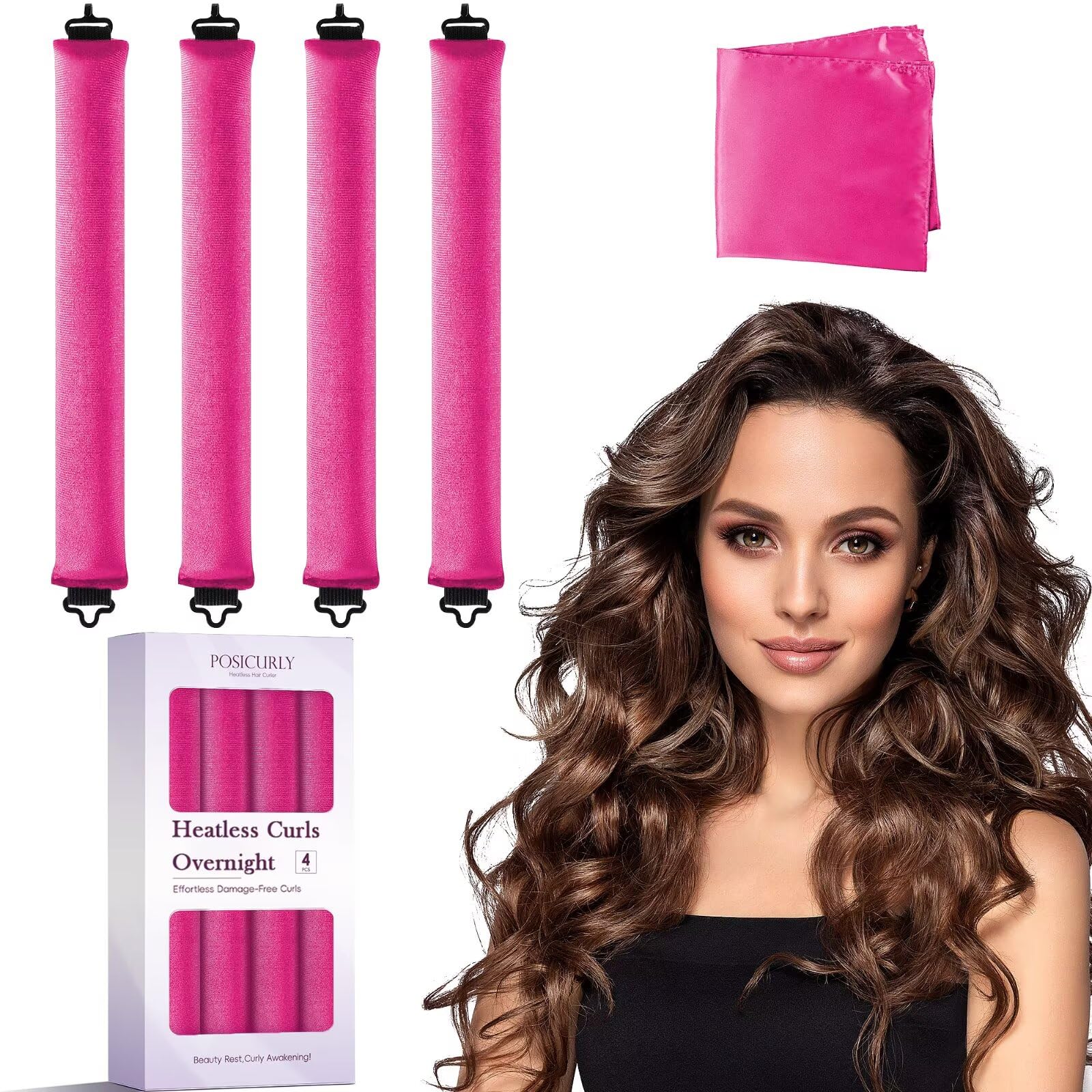 Heatless Curls Overnight Hair Curlers - 4 Pcs No-Heat Curling Rod to Sleep In,Velvet Hair Rollers with Satin Wrap
