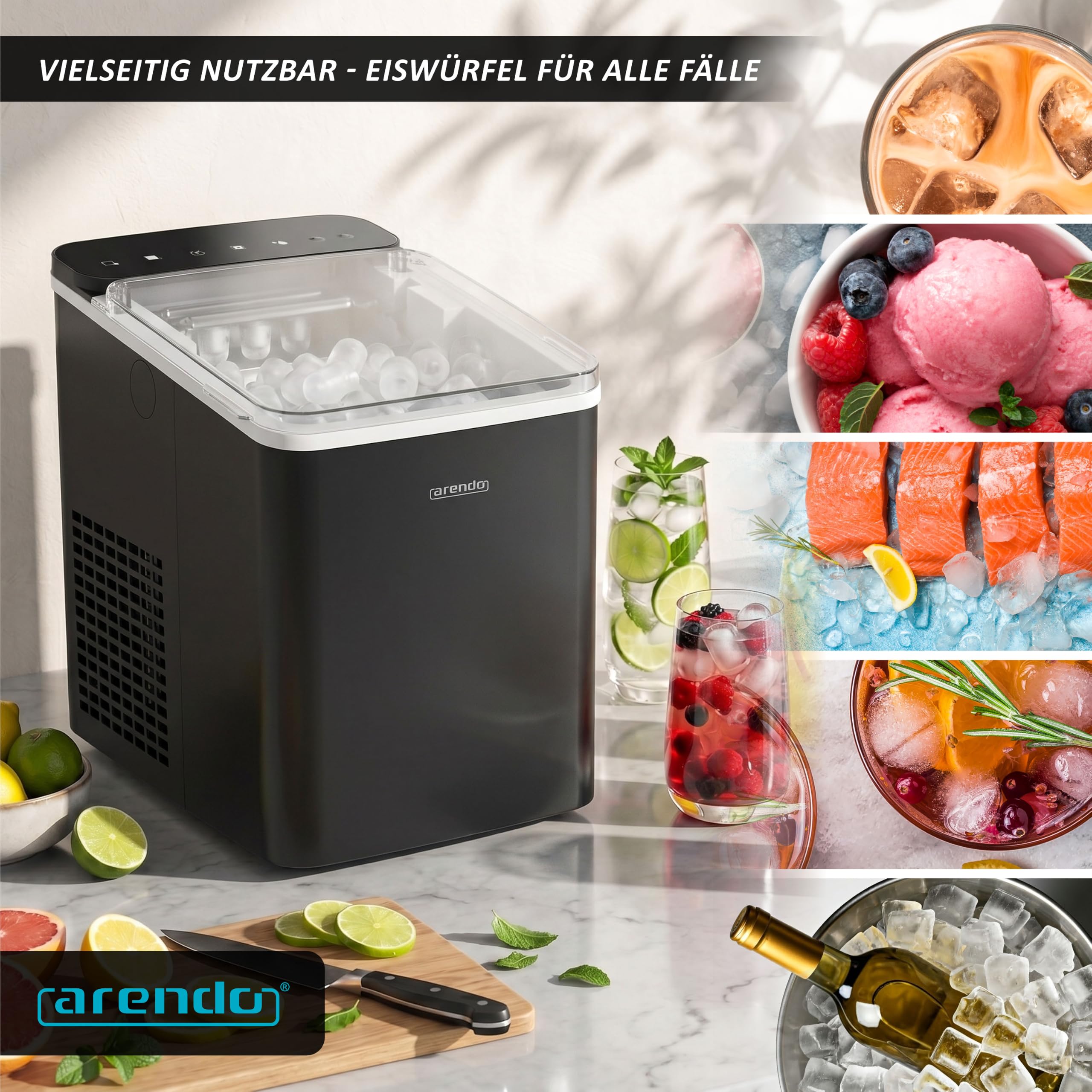 Arendo – Eiswürfelmaschine – Ice Cube Maker – 150 W – 12 kg Eis pro Tag – Automatische Abschaltfunktion – Warnfunktion – kleine Eiswürfel oder große Eiswürfel – leiser Betrieb