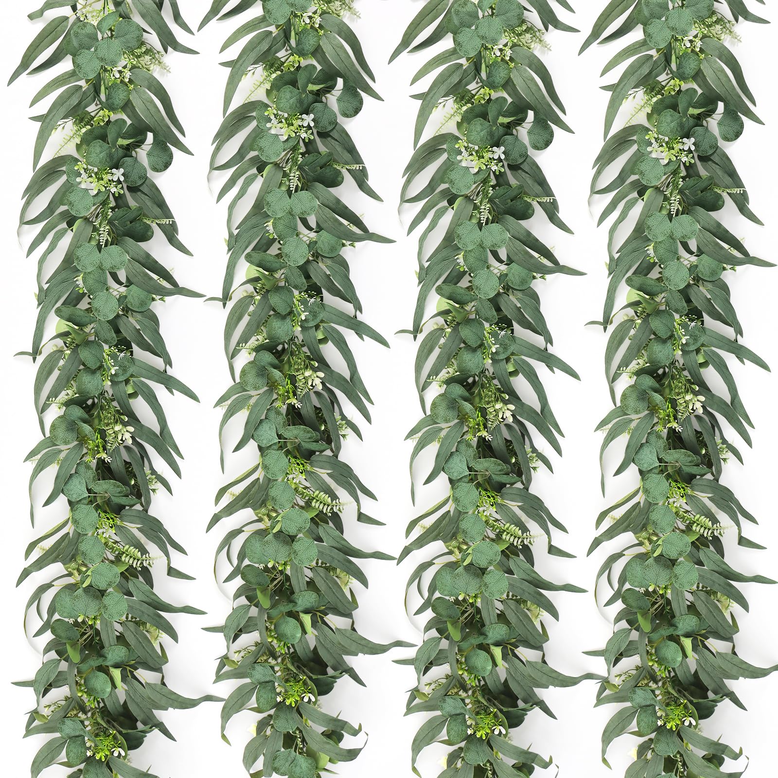 UXORSN 4pcs Guirnaldas Artificiales de Eucalipto con Hojas de Sauce Helechos Hoja Verdes Planta Artificial Guirnalda de Flores Blancas Hiedra para Decoración de Fondo Boda Camino de Mesa Central