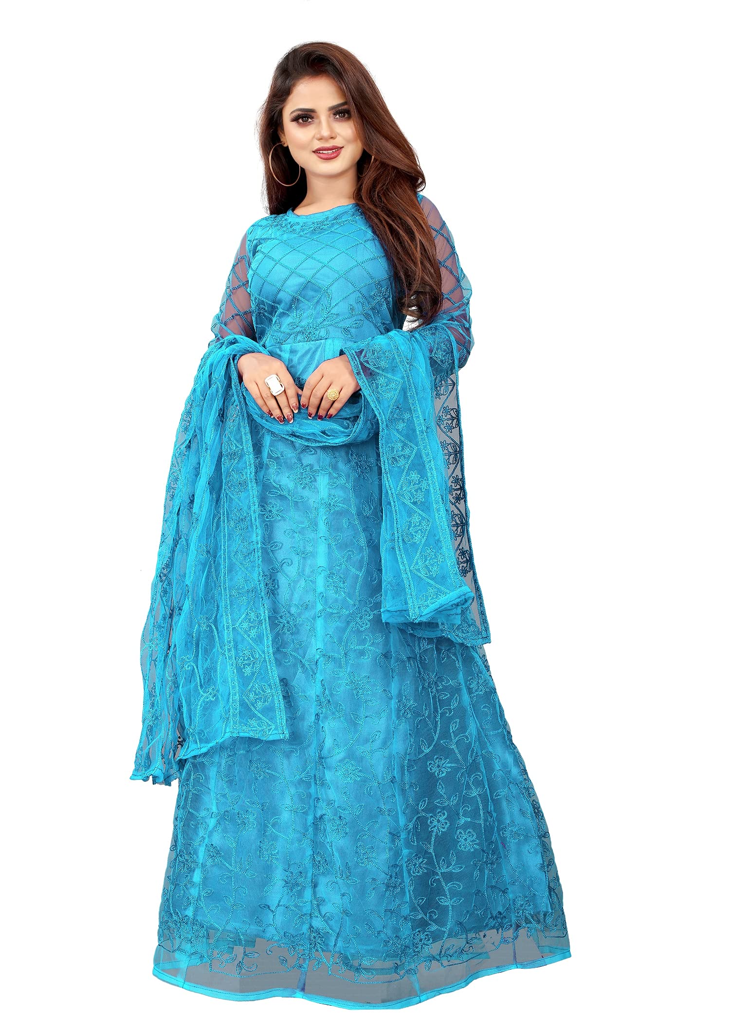 julee Women's Net Embroidered Semi-Stitched Long Gown (Sky_Free Size)-Falak-picture-29