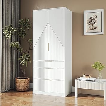 71.7" Wardrobe Armoire Wooden Closet with 2 Doors and 3 Drawers, Bedroom Armoire with Hanging Rod Shelf, Large Capacity Storage Wardrobe Armoire, Freestanding Wooden Closet Storage Cabinet White