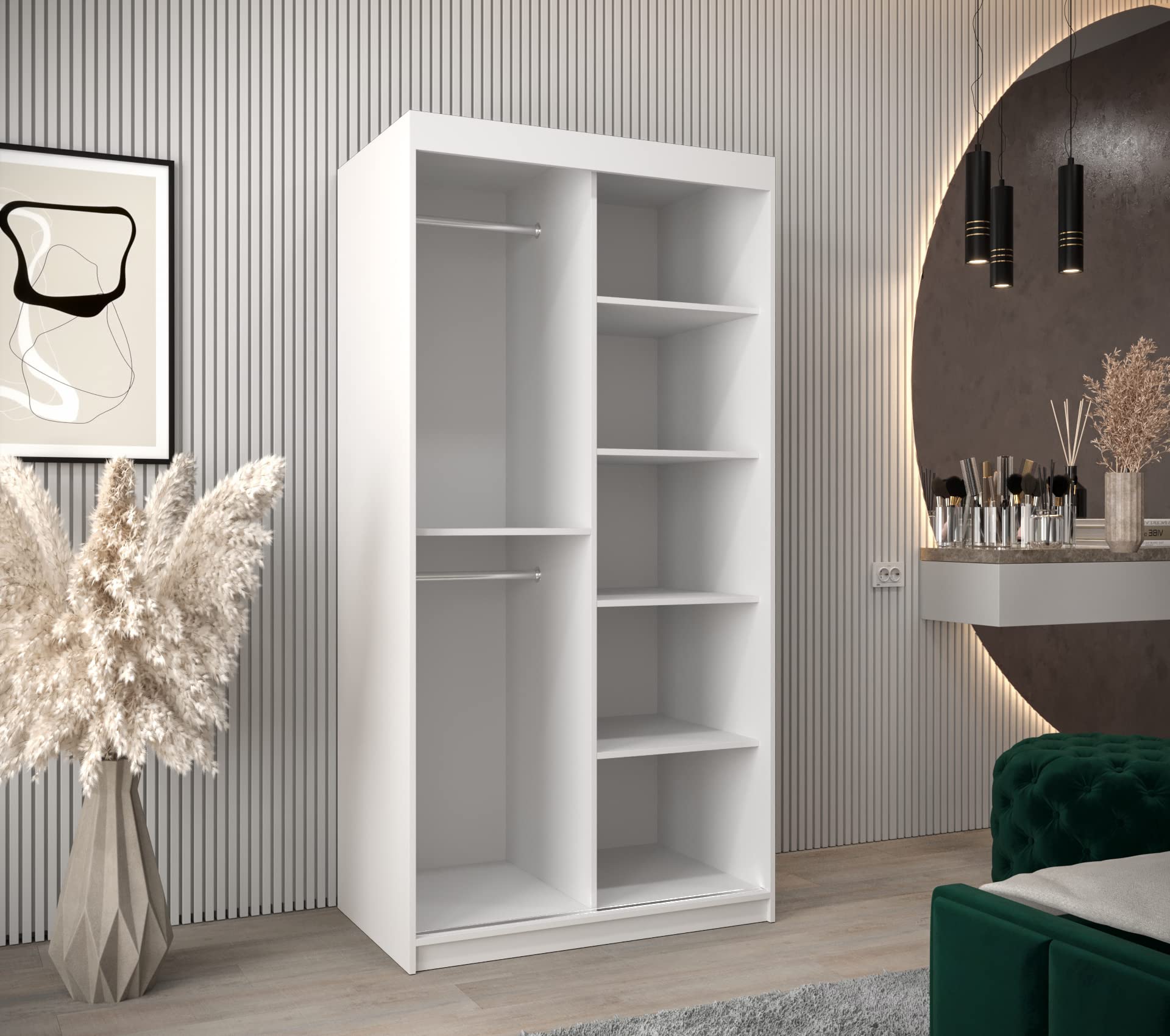 ABIKSMEBLE Tokyo 3 100 Armadio a due ante scorrevoli per camera da letto, moderno armadio con specchio, asta e ripiani, 100 x 200 x 62 cm (L x A x P) bianco opaco
