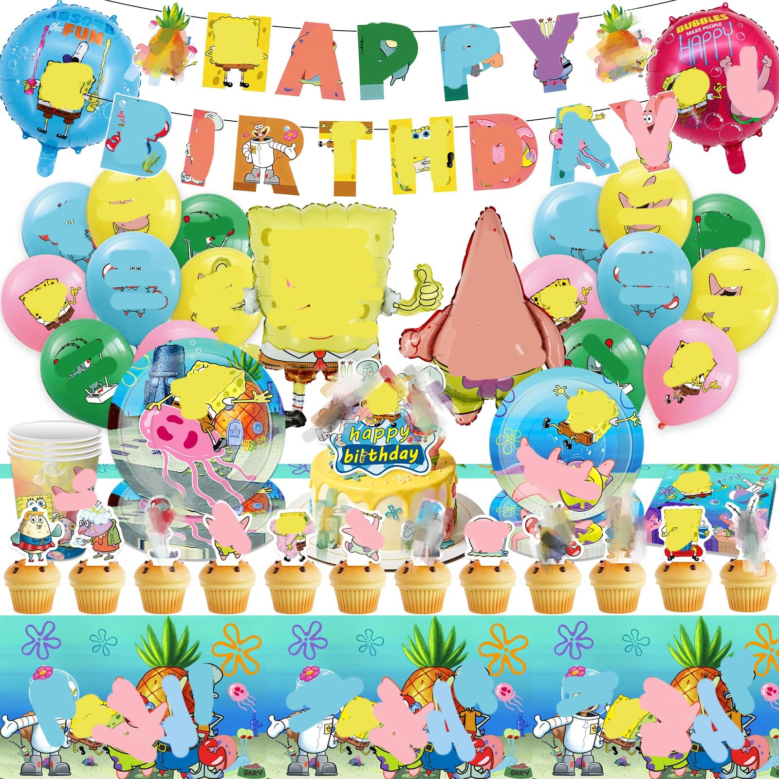 87PCS Cartoon Birthday Party Decorations, Party Supplies Include Party Plates, Cups and Napkins, Happy Birthday Banners, Cake Topper, Tablecloth, Balloons, for Kids Boys Girls