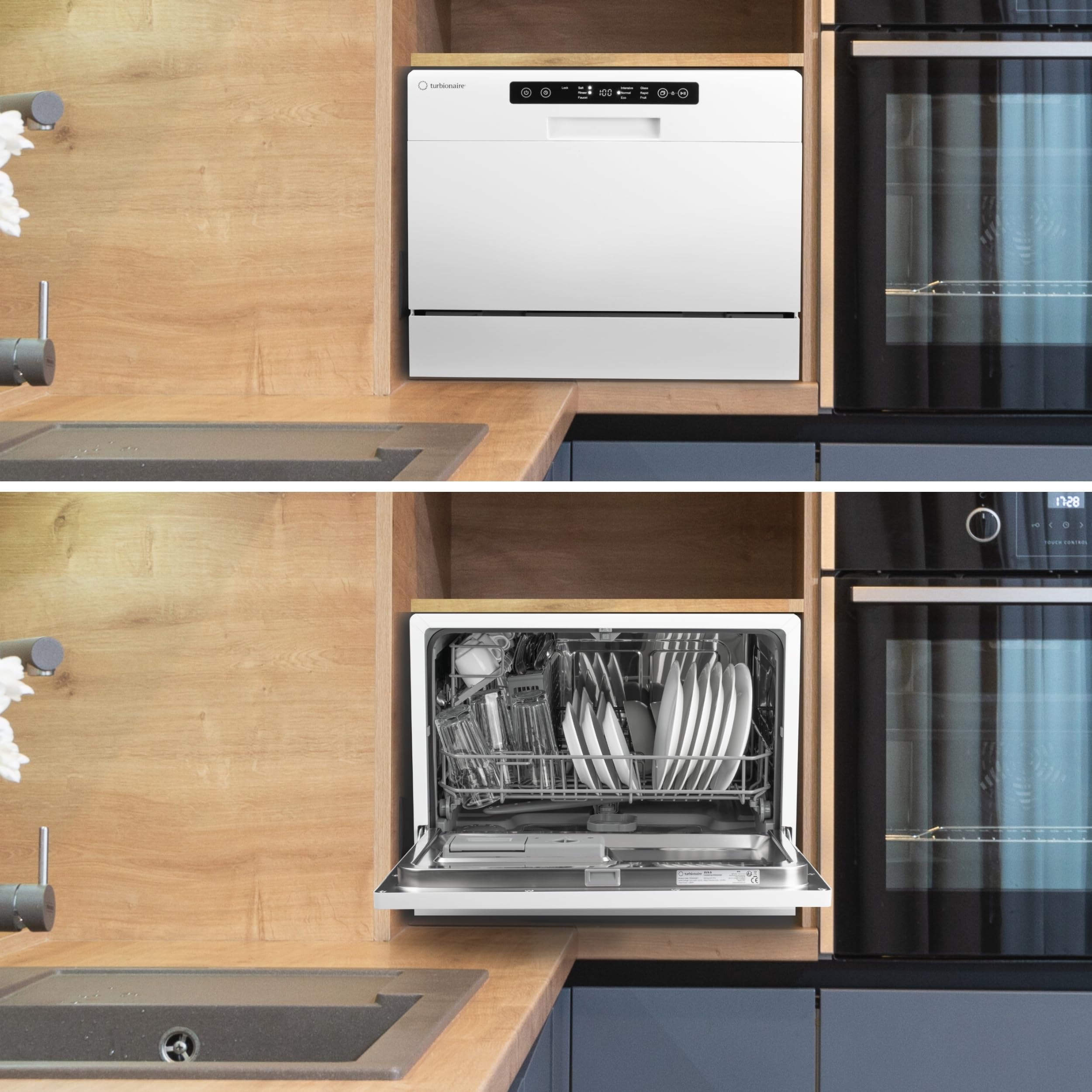 Lave-vaisselle compact Turbionaire AVA 6 TPDSAVA6CT, 6 couverts, 6 programmes, mode Éco, adoucisseur d’eau, lavage 360°, fonction Restart, 55 cm, Blanc