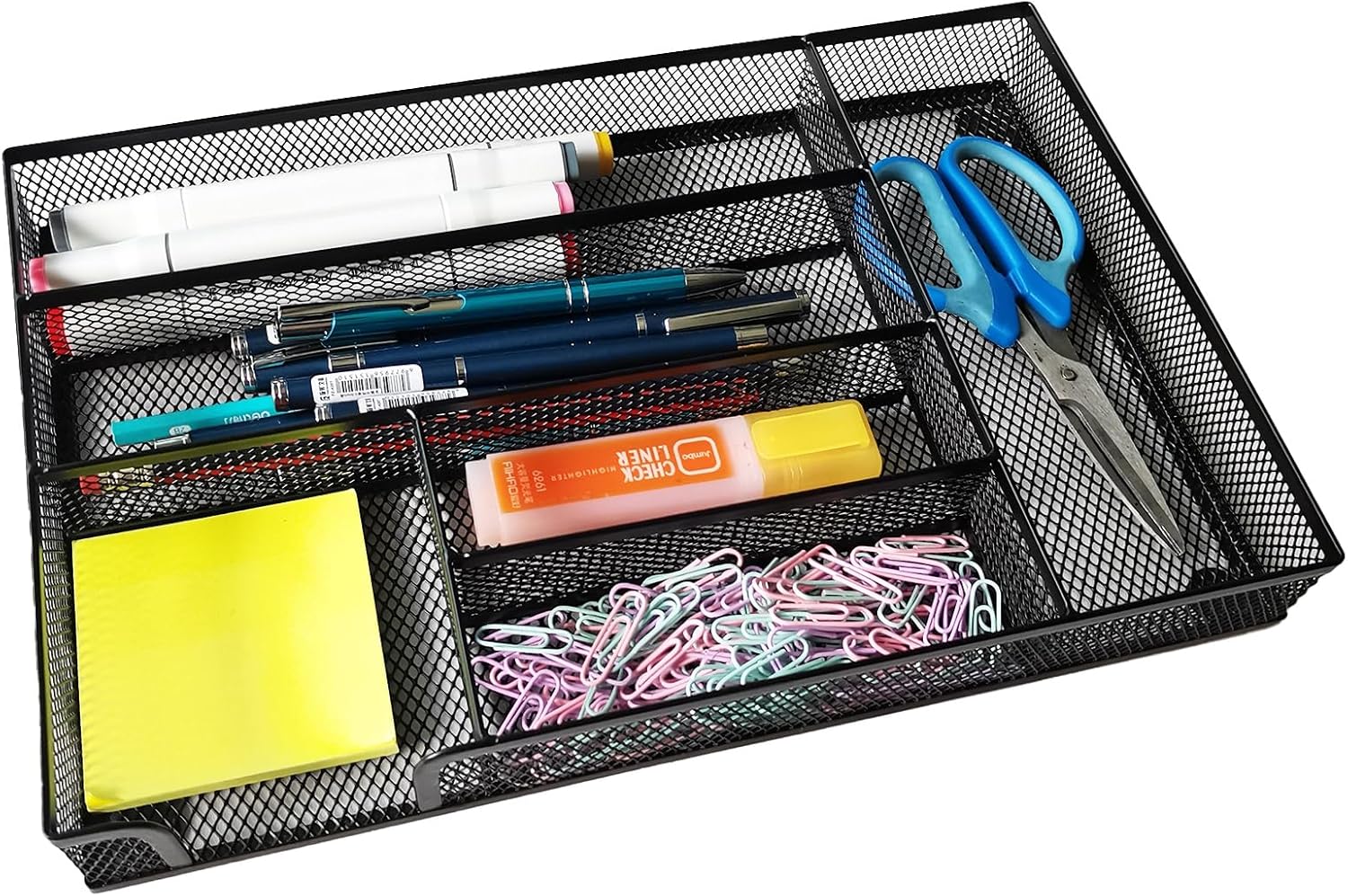 Desk Drawer Organizer Metal Mesh Drawer Organizer Tray for Office School or Home Supplies Desktop Storage Stationery, 6 Compartments, 12.6 x 8.27 x 1.57 inch，Black (2pc pack)