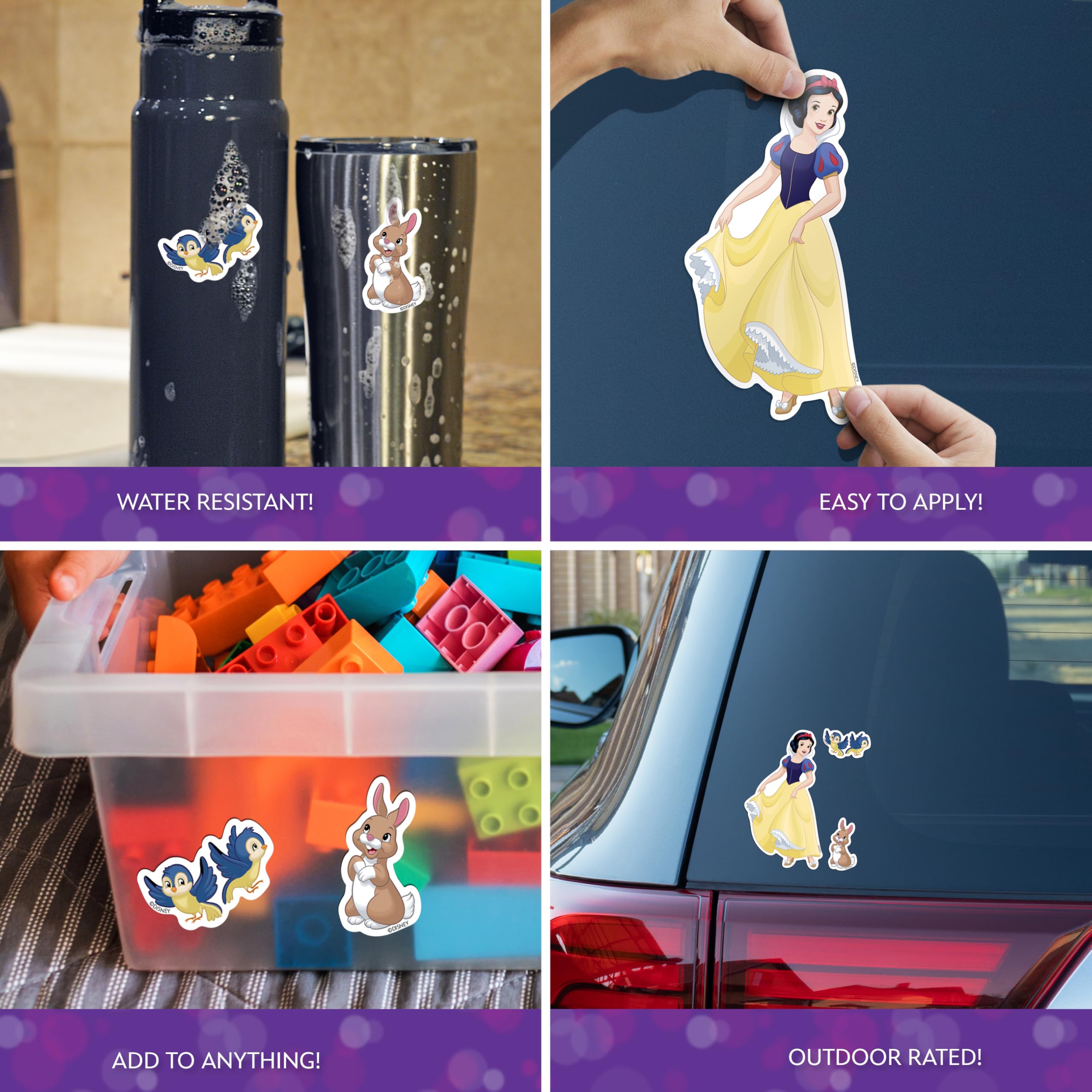 Set di 3 adesivi in vinile con principesse Disney Biancaneve, per auto, borraccia, laptop, skateboard, bici, casco, coniglietto e uccelli
