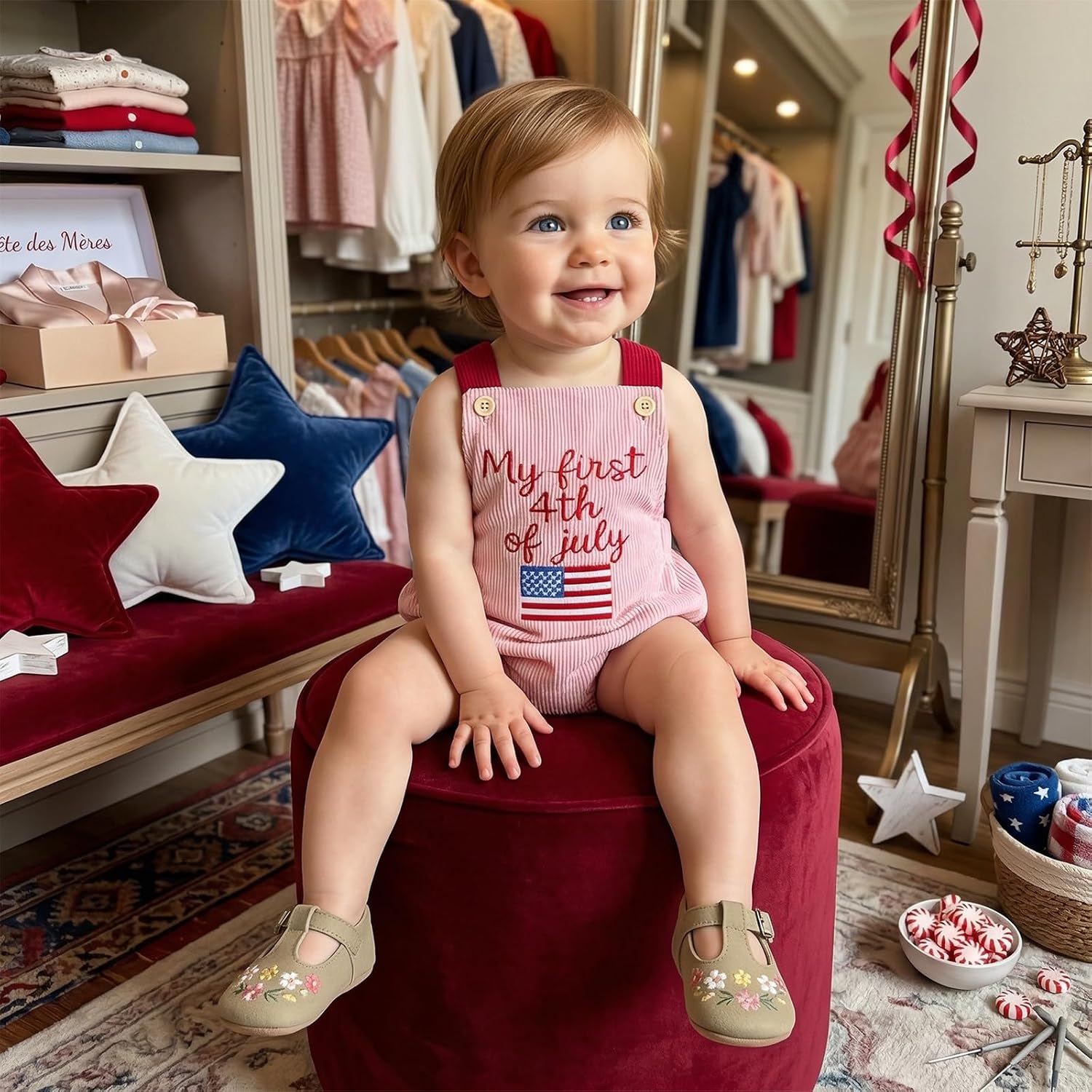 Ayalinggo My First 4th Of July Baby Girl Boy Outfit Letter Embroidery Romper Sleeveless Backless Overall Summer Clothes