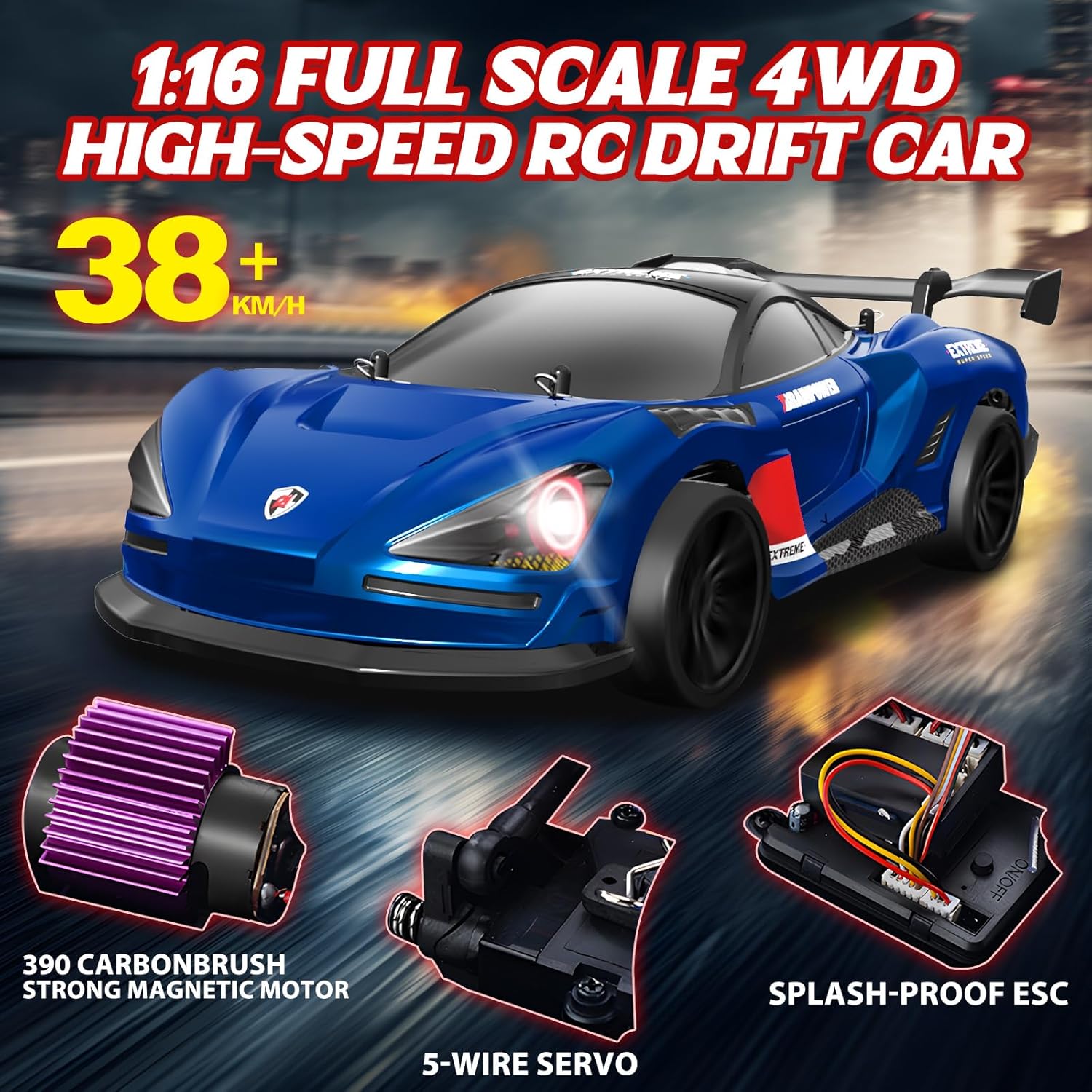 1/16 Fast RC Cars for Adults, RC Drift Car, 38KM/H High-Speed 4WD, Full Proportional Control, 6 LED Light Modes, 2 Rechargeable Batteries, RTR Drifting for Adults, Gift for Boys Kids and Girls