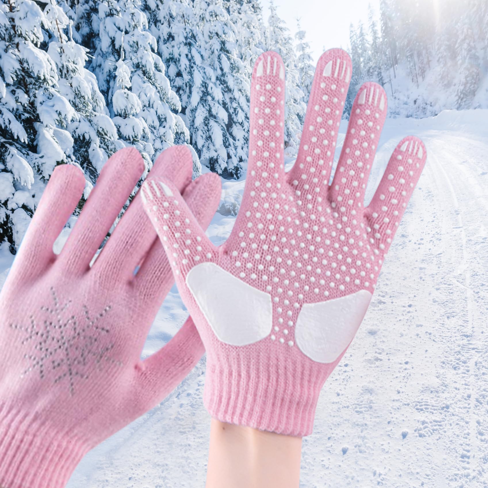Hintyne Eislauf Handschuhe für Kinder rutschfest dick gestrickt Eiskunstlauf Handschuhe mit Strass Schneeflocken warmes Winter Eislauf Zubehör für 