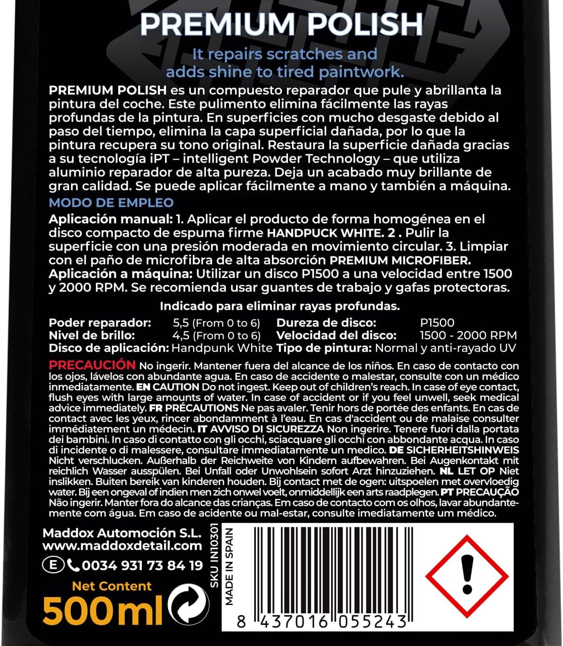 Maddox Detail - Pulimento Coche Arañazos Profundos Premium Polish 500ml - Détails et caractéristiques