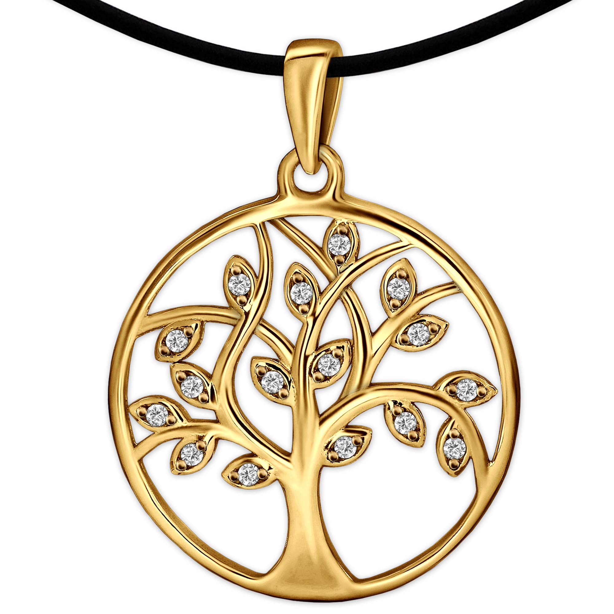 CLEVER SCHMUCK Lebensbaum Kette Gold für Damen Baum des Lebens Ø 20 mm + Zirkonias mit Kautschukband 45 cm glänzend Silber 925 vergoldet im Luxus Etui