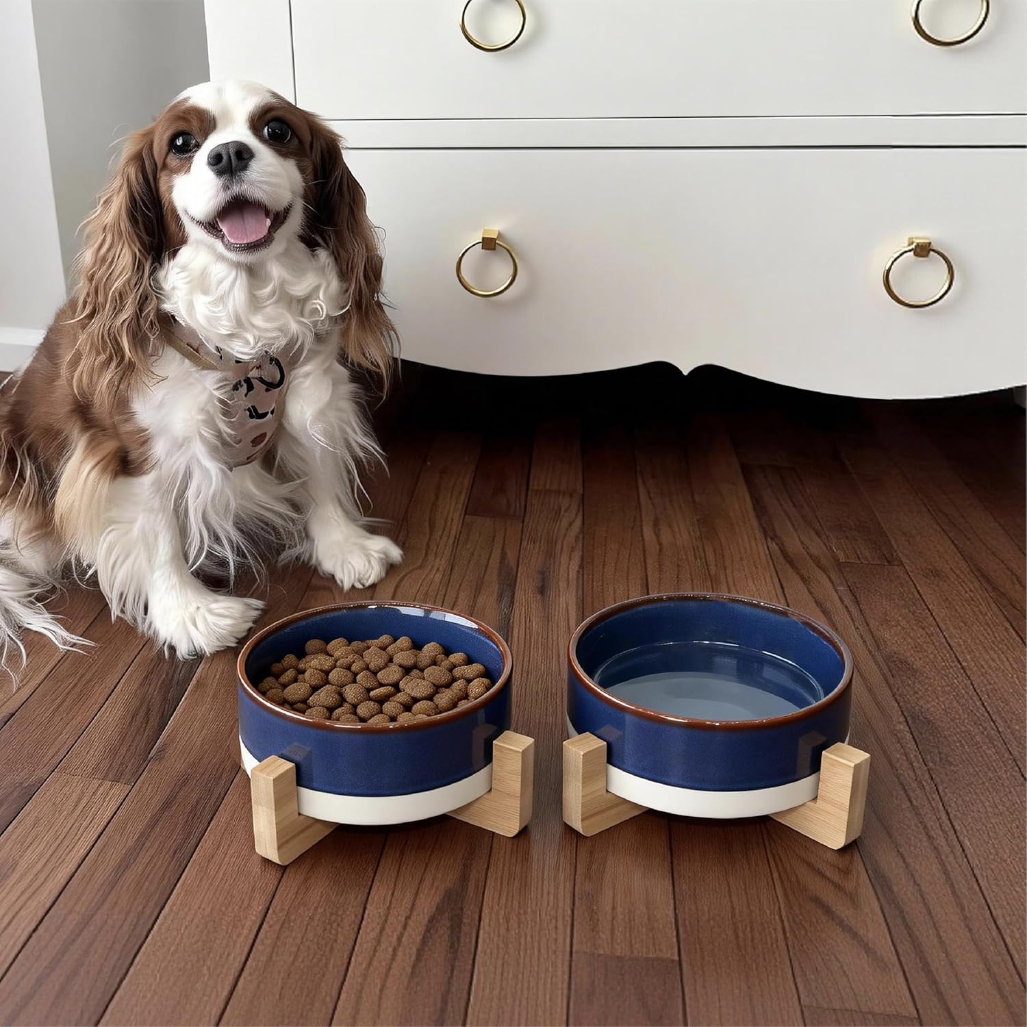 Elevated Ceramic Cat and Dog Double Bowl Set - 14 oz Lead-Free Feeder with Two Natural Bamboo Wood Stands (Blue)