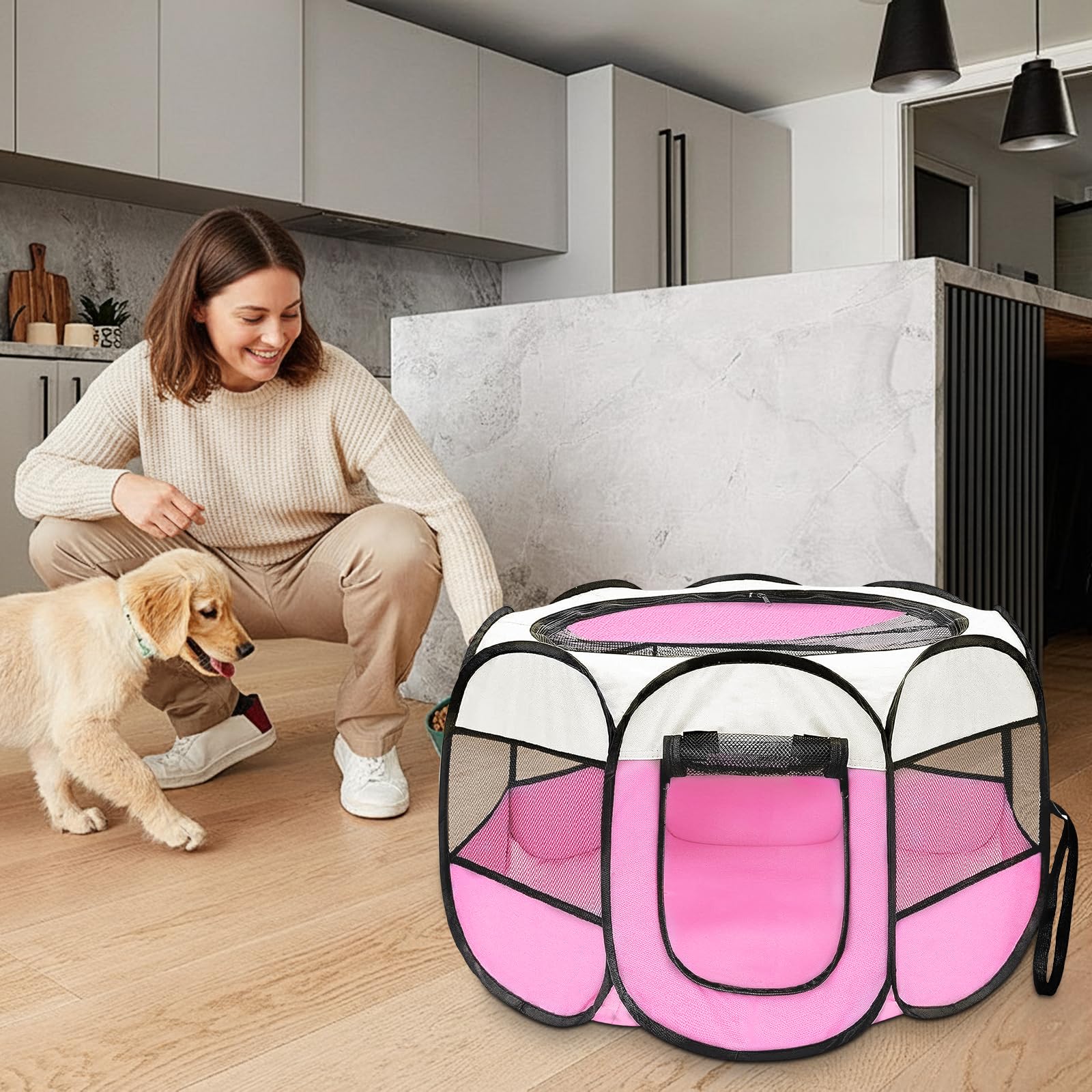 Parque plegable para cachorros, 74 x 74 x 43 cm, parque portátil para animales pequeños, recinto para cachorros y gatos, interior y exterior, recinto libre para perros, gatos, conejos (rosa)