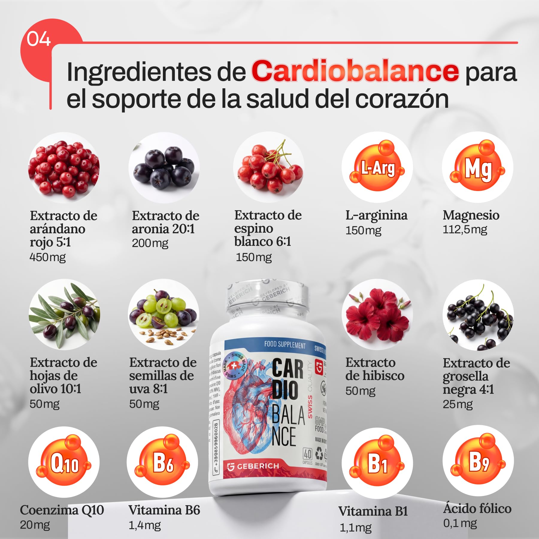 Cápsulas Cardiobalance | Salud del Corazón | Extracto de Arándano Rojo 450mg + Coenzima Q10 + L-Arginina | Fórmula Cardiovascular con Vitamina B1, B6, B9, Magnesio | 40 Cápsulas