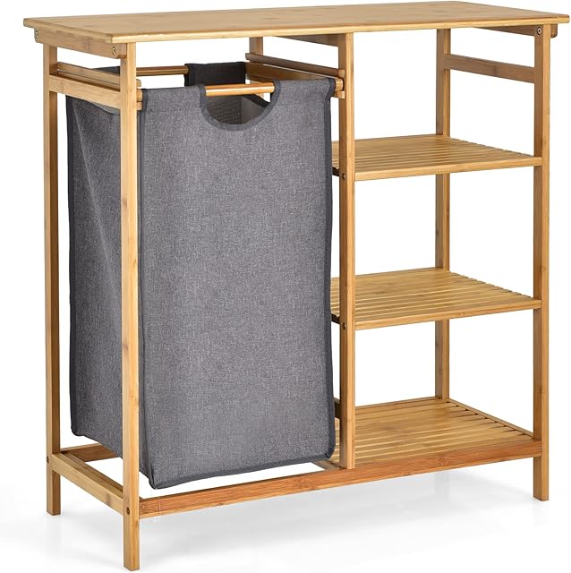 COSTWAY Bamboo Laundry Basket with Removable Pull-Out Bag and Storage Shelf, Floor Washing Dirty Clothes Hamper, Bathroom Laundry Bin Sorter Organiser Unit (with 3 Tier Side Shelves)