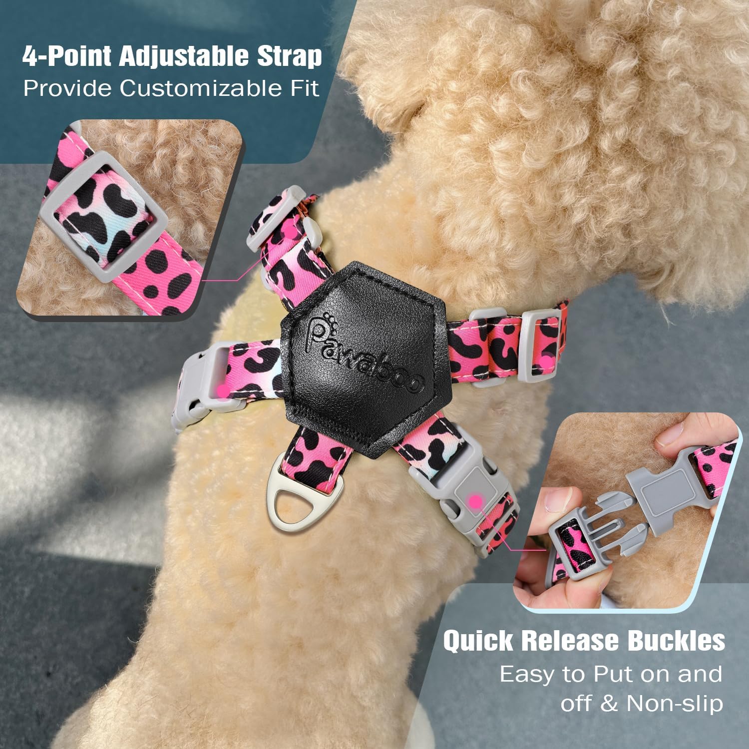 Pawaboo Small Dog Harness and Leash Set, Puppy Harness X-Frame No Pull No Choke, Dog Vest Harnesses Adjustable for Small Medium Sized Dogs,Soft Breathable Pet Harnesses, XS, Magenta Leopard