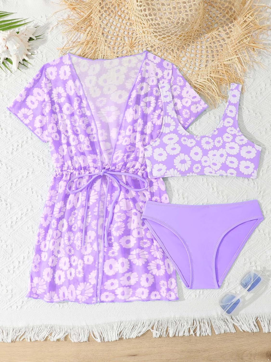 Sxiwei Girls 3 Piece Swimsuits Set Short Sleeve Rash Guard Tankini Bathing Suits with Beach Cover Ups Swimwear Set