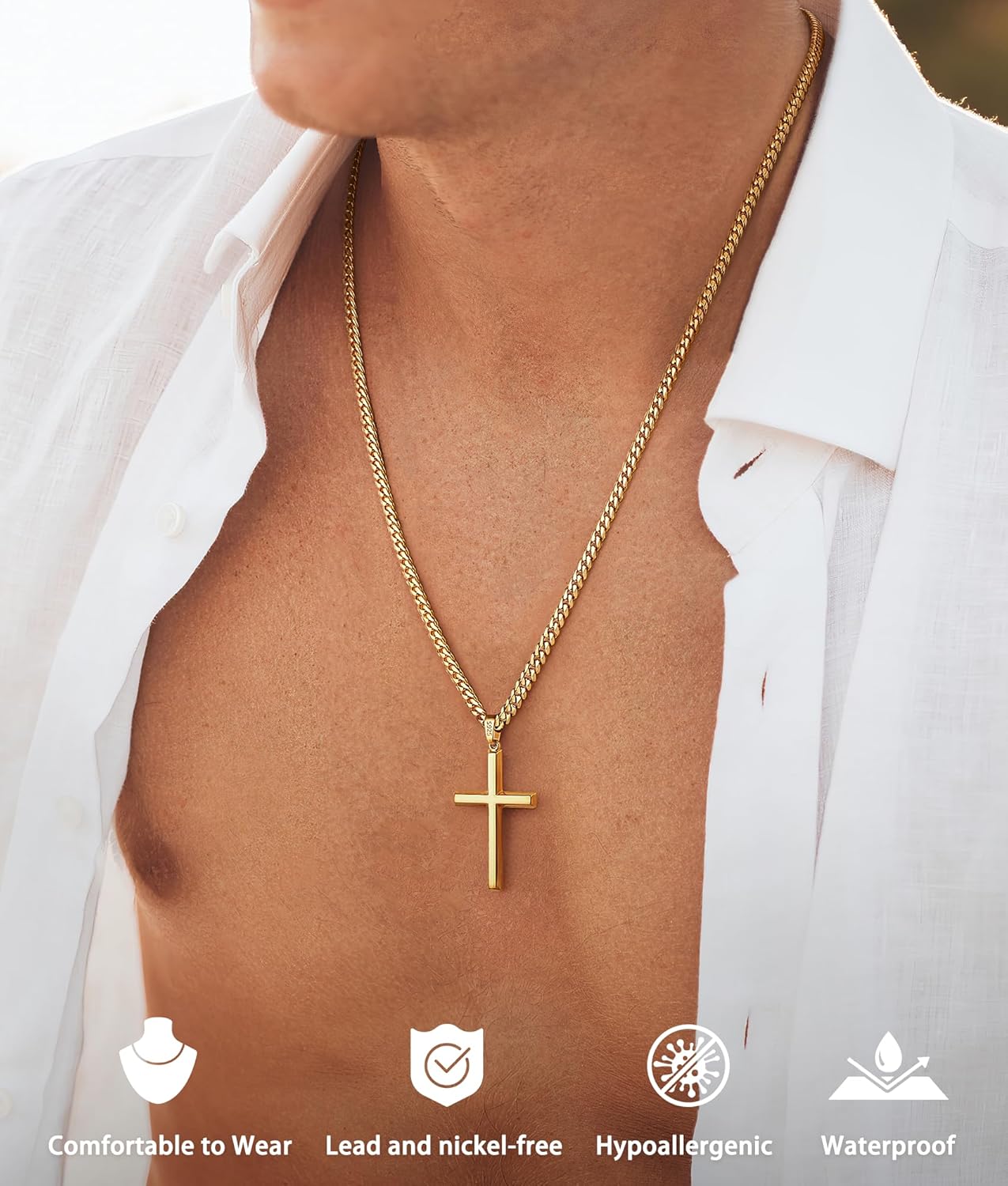 925 Sterling Silver Cross Necklace for Men Boys, 18k Gold Plated Sterling Silver Cross Necklace with 4mm Stainless Steel Cuban Link Chain for Men, Mens Chain Necklaces 16-26 Inch