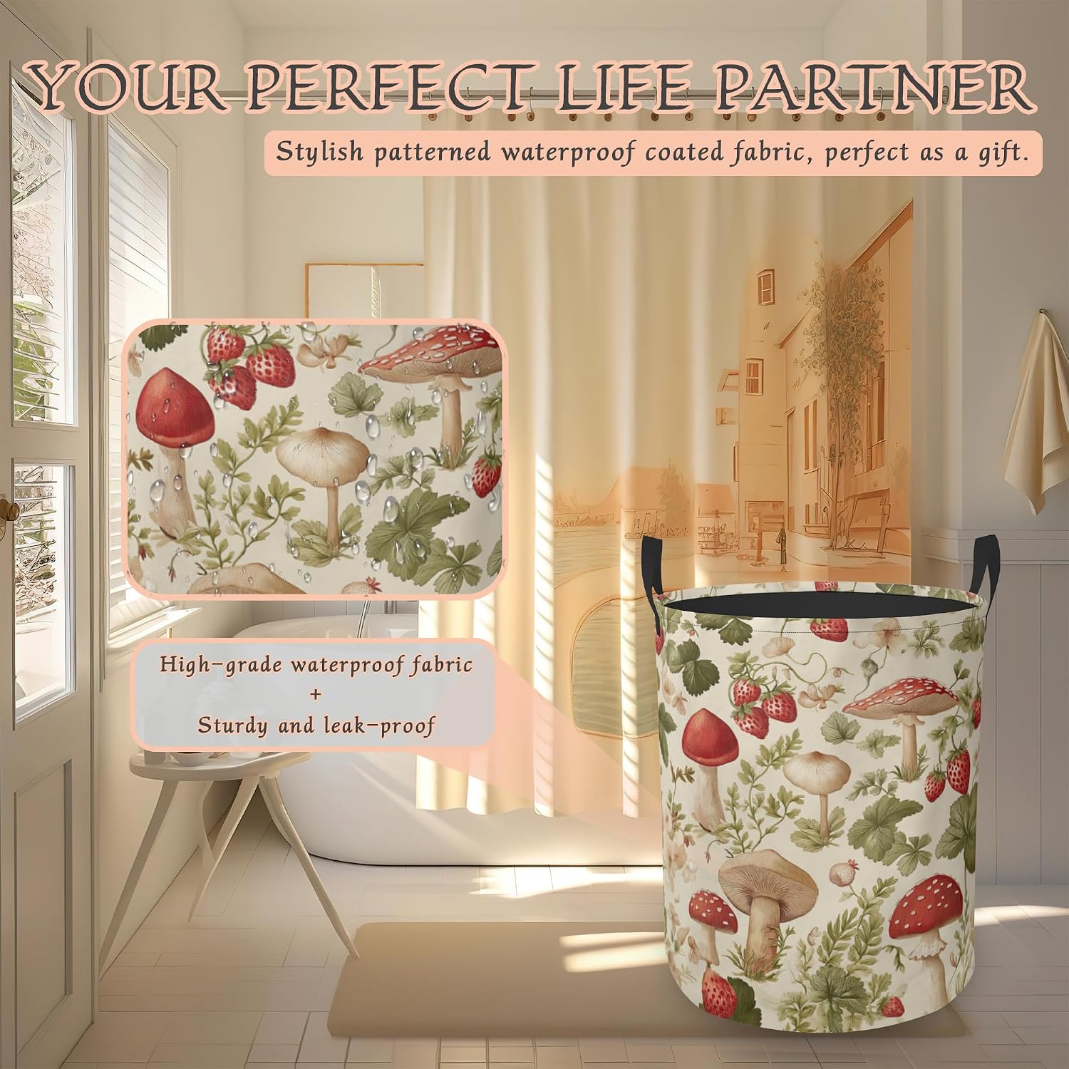 Mushroom Strawberry Laundry Basket,Plants Leaf Foldable Oxford Cloth Laundry Hamper with Handles Waterproof Dirty Clothes Storage Basket for Bathroom Bedroom Dorm Room 16" x 20.8"