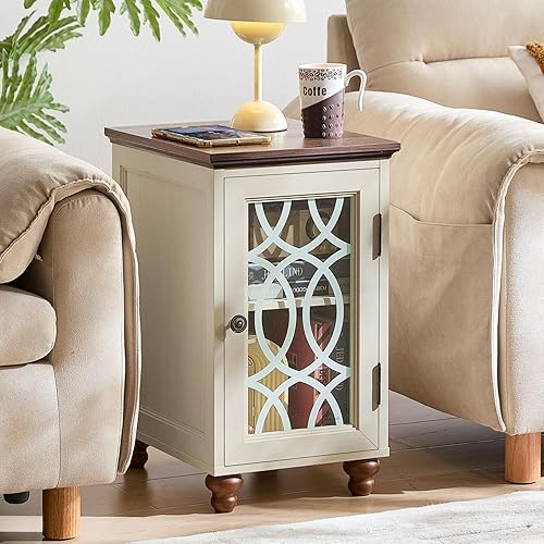 Joaxswe Mesa auxiliar estrecha con puerta de cristal, mesita de noche de 18 x 14 pulgadas con estante ajustable, organizador de gabinete de