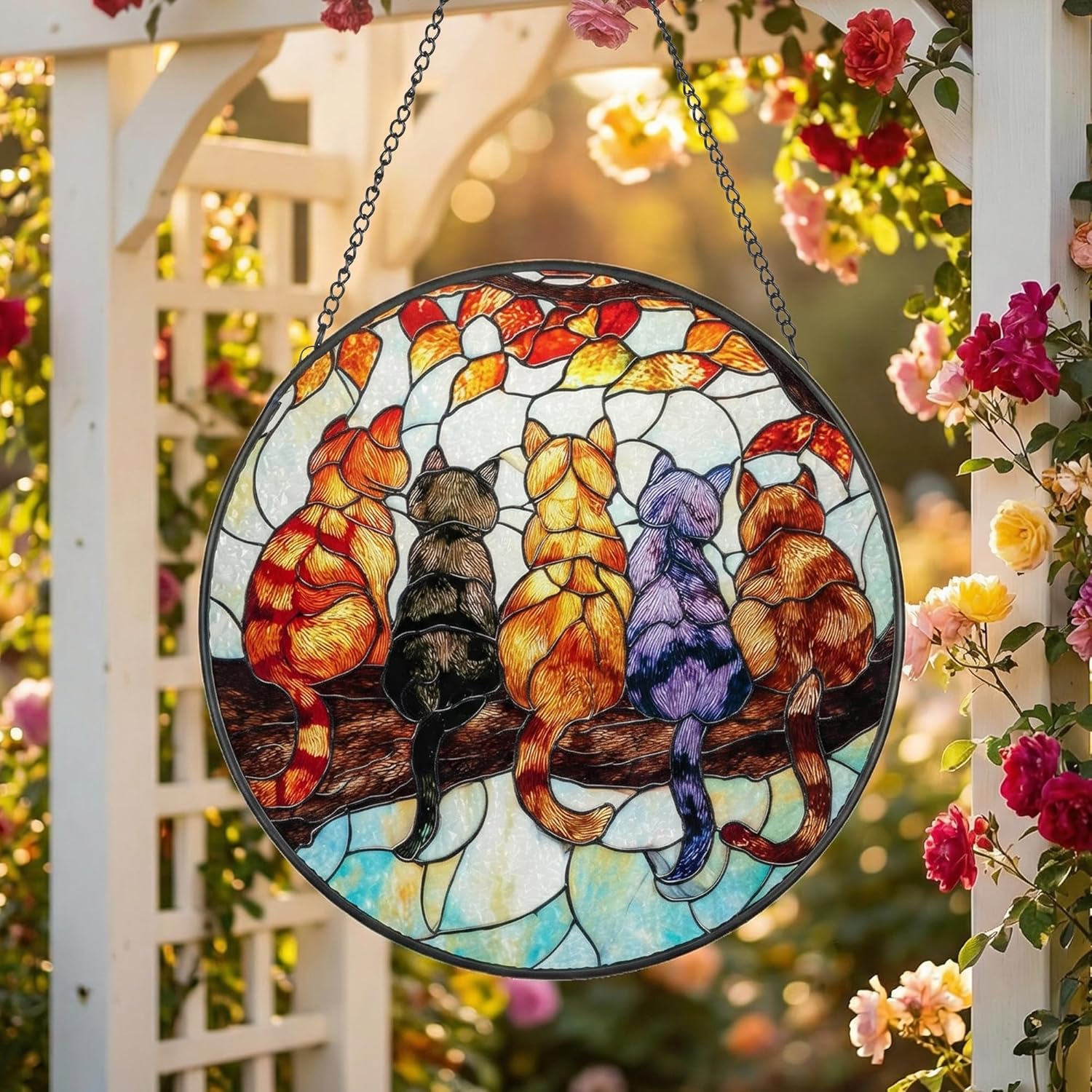 5 Cats on a Branch Stained Glass Window Hanging – Cute Sun Catchers Indoor Window Décor, Suncatchers for Windows Hanging with Warm Light Effect, Lovely Stained Glass Suncatcher for Home & Gift