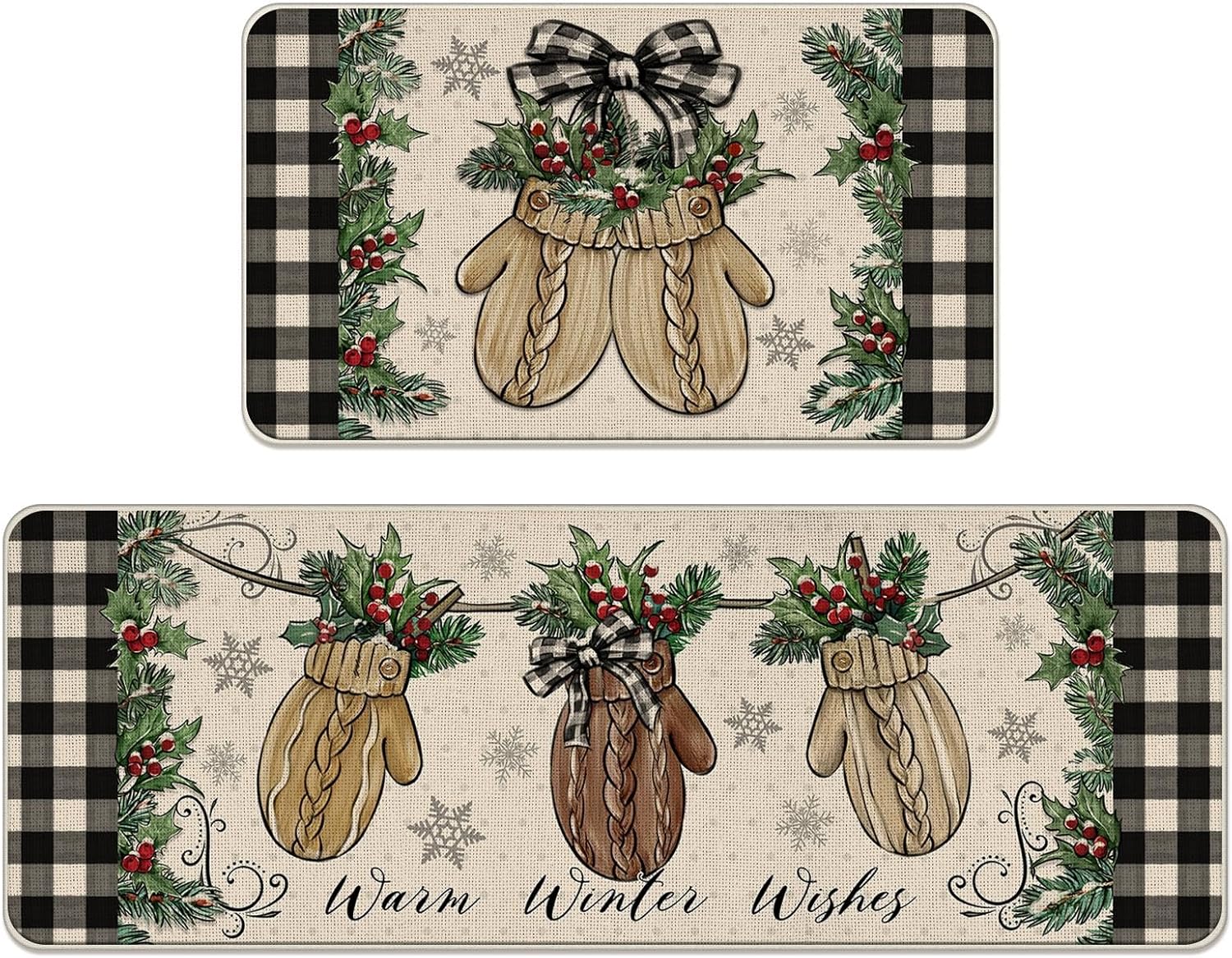 Warm Winter Wishes Mitten Kitchen Rugs Set of 2, Buffalo Plaid Check Bow Red Berry Farmhouse Kitchen Mats Decor, Christmas Holiday Floor Door Mat Home Decorations -17x29 and 17x47 Inch