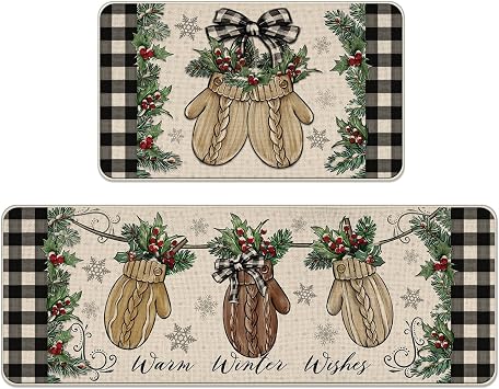 Warm Winter Wishes Mitten Kitchen Rugs Set of 2, Buffalo Plaid Check | Bow Red Berry Farmhouse Kitchen Mats Decor, Christmas Holiday Floor Door Mat Home Decorations -17x29 and 17x47 Inch